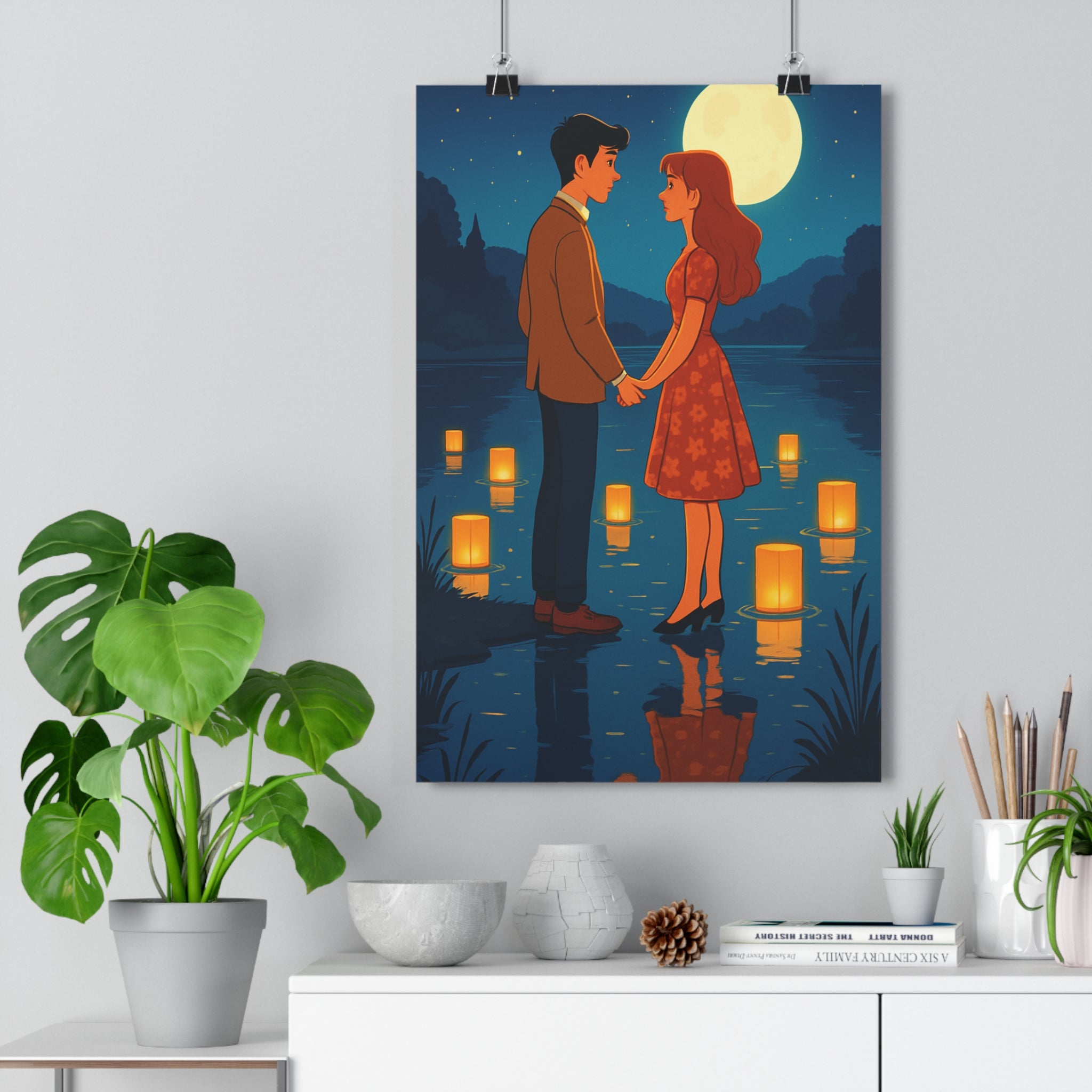 Poster décoratif animé romantique lune lanterne magique ambiance sereine chambre salon 30x46 cm qualité