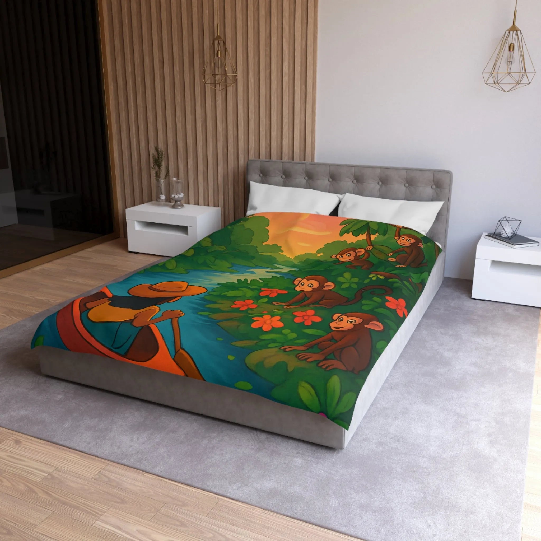 Housse de Couette Jungle avec Singes et Femme en Canot sur Rivière Tropicale