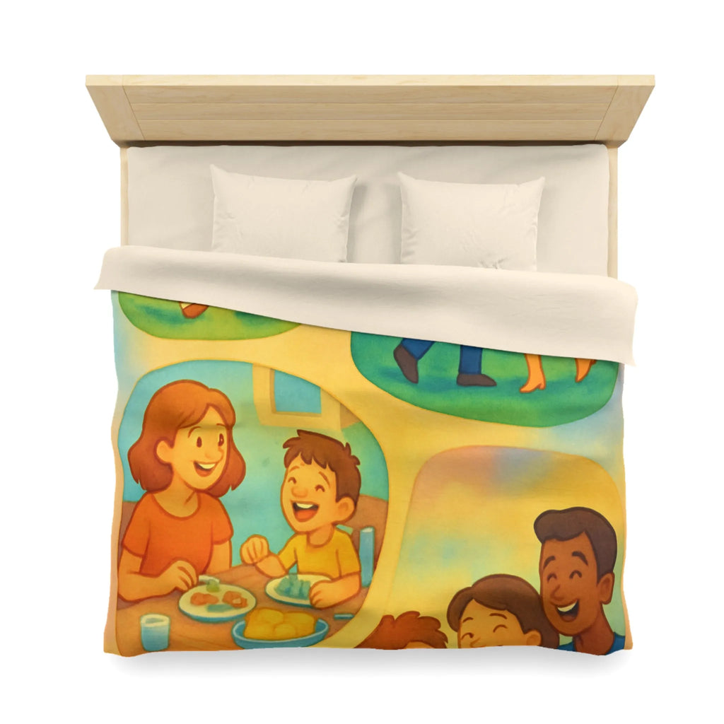 Housse de couette colorée illustrant des scènes joyeuses de la vie quotidienne familiale