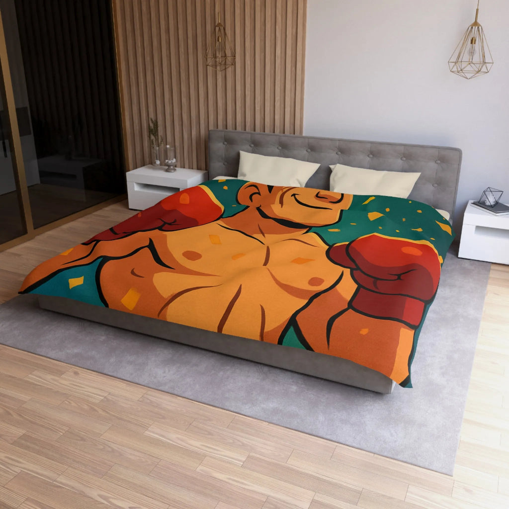 Housse de couette colorée avec boxeur en tenue rouge, ambiance festive dynamique