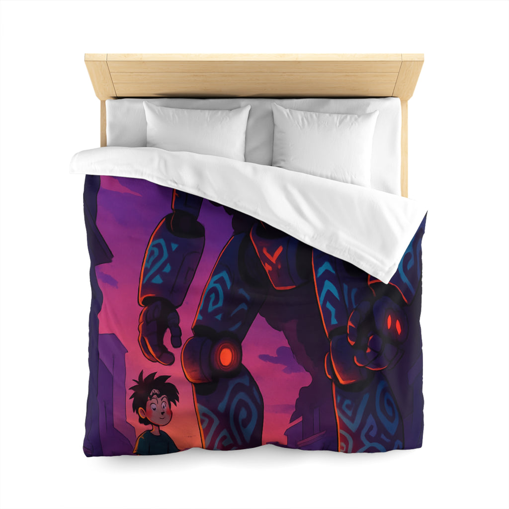 Housse de couette robot géant bleu lumineux, décor urbain vibrant et enfant émerveillé