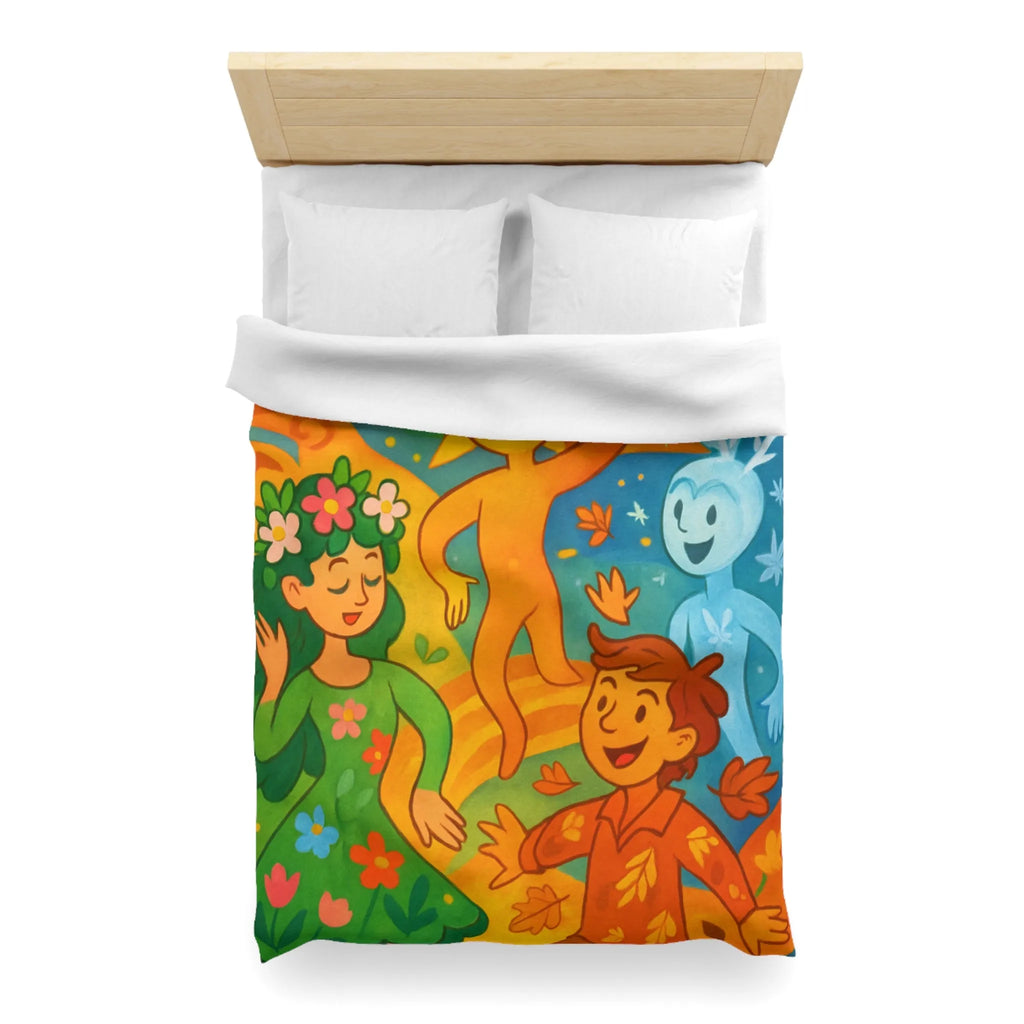 Housse de couette éclatante illustrant les quatre saisons dans un design ludique et coloré