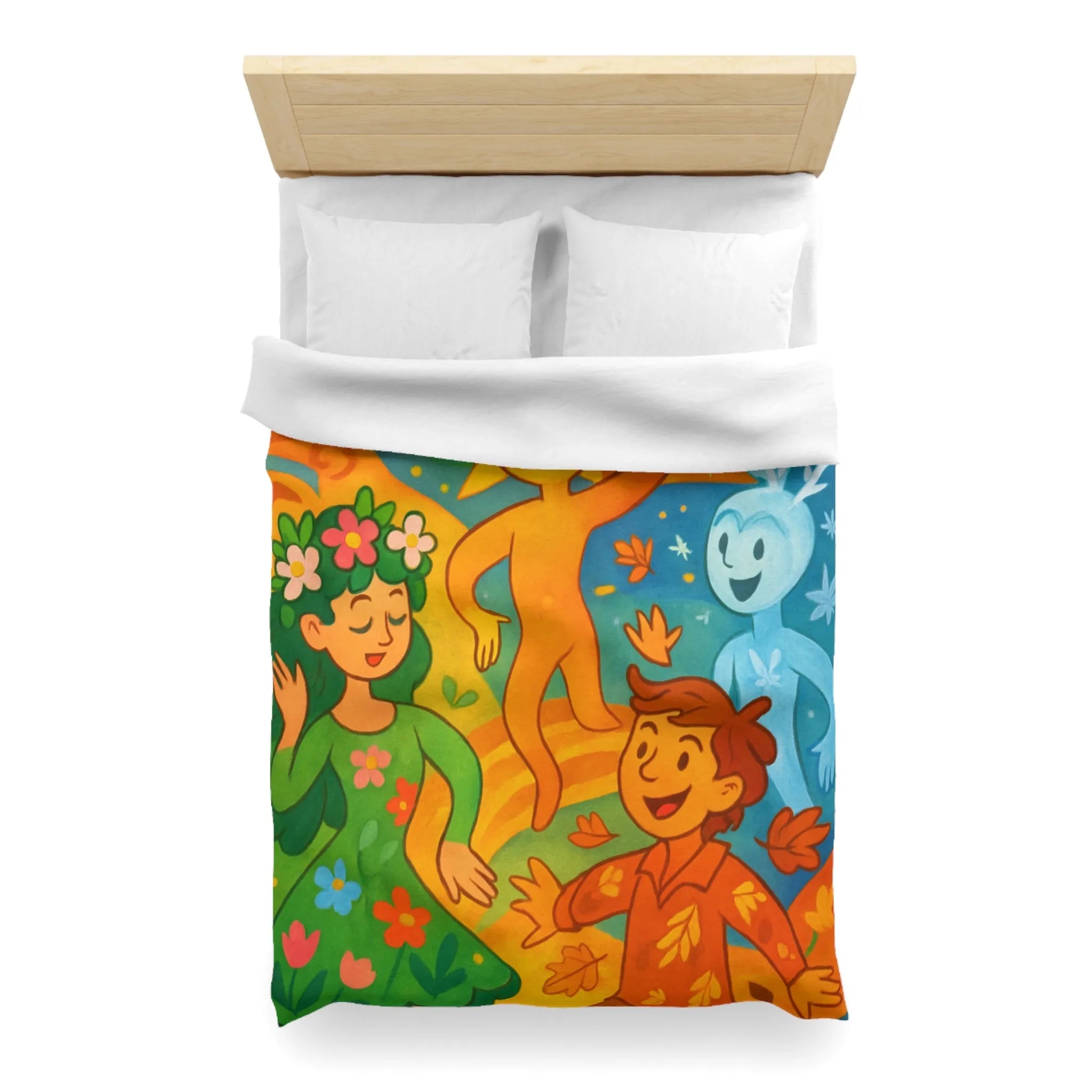 Housse de couette éclatante illustrant les quatre saisons dans un design ludique et coloré