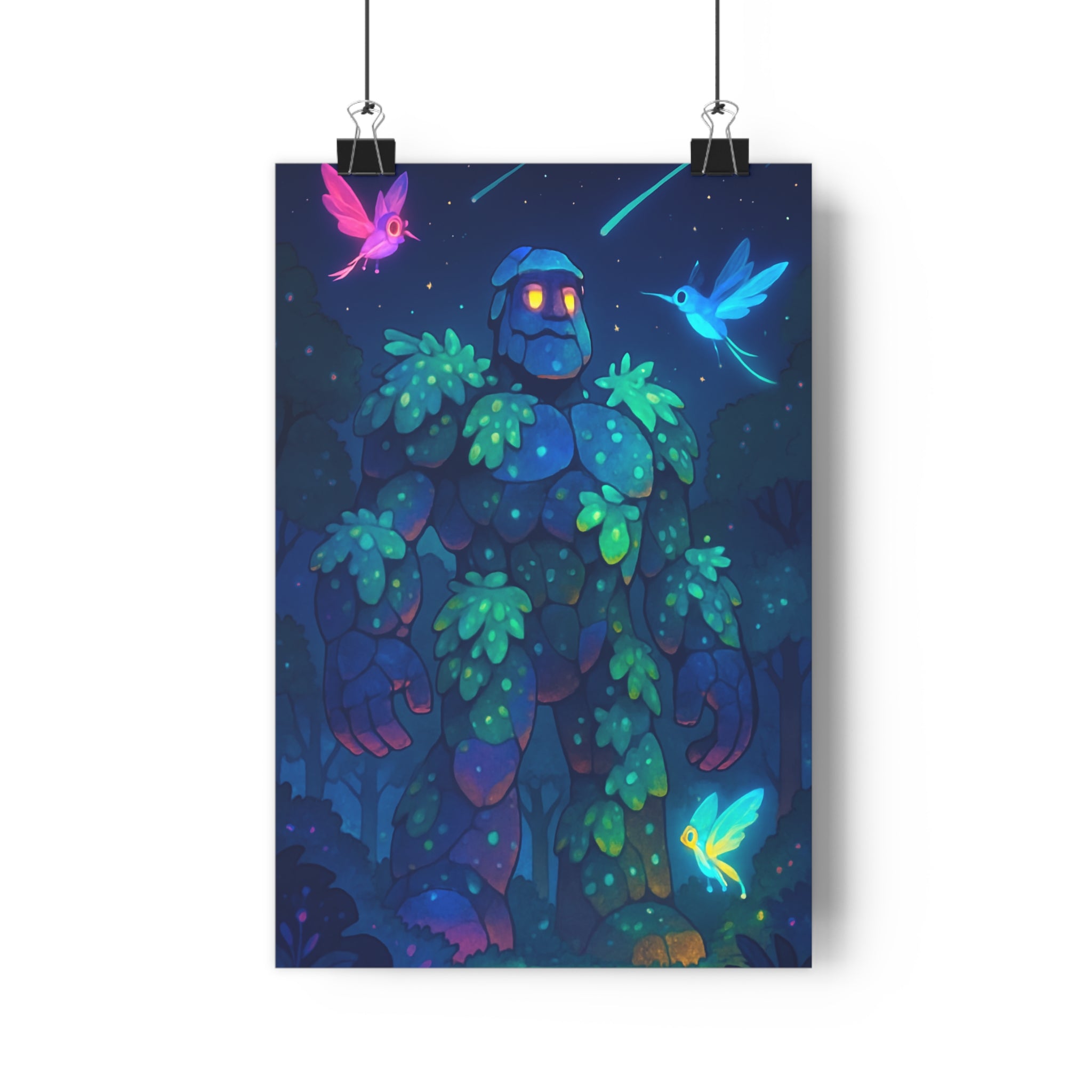 Poster décoratif féerique dessin animé bleu vert rose forêt magique enfant chambre fantastique onirique