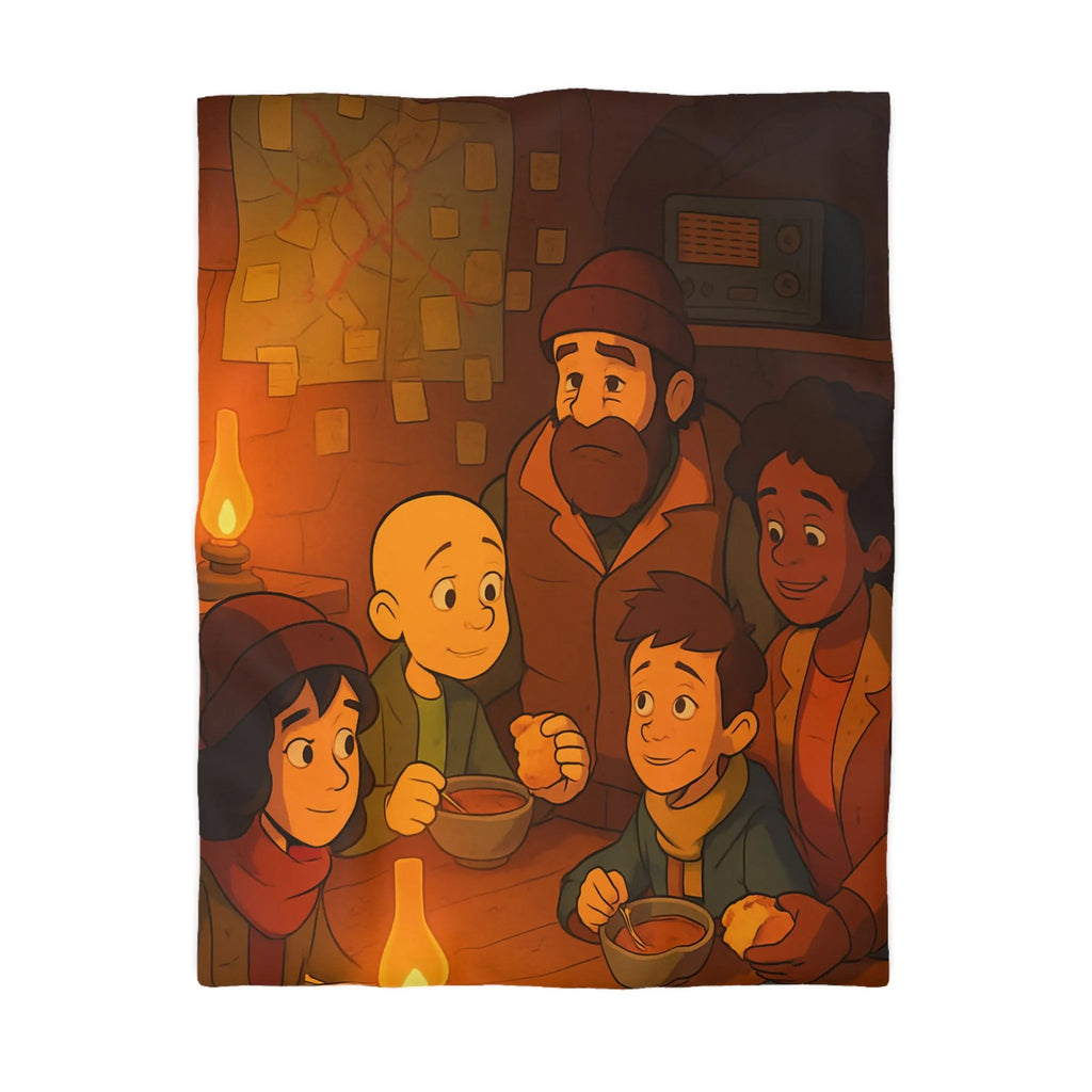 Housse de couette chaleureuse avec illustration d'un repas en famille dans un refuge