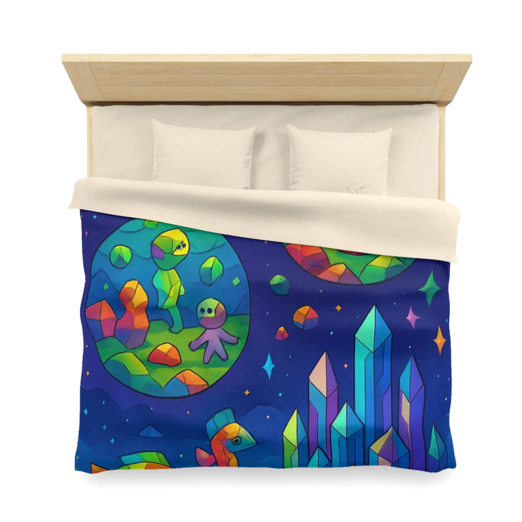 Housse de couette colorée avec paysages extraterrestres, créatures mignonnes et cristaux célestes