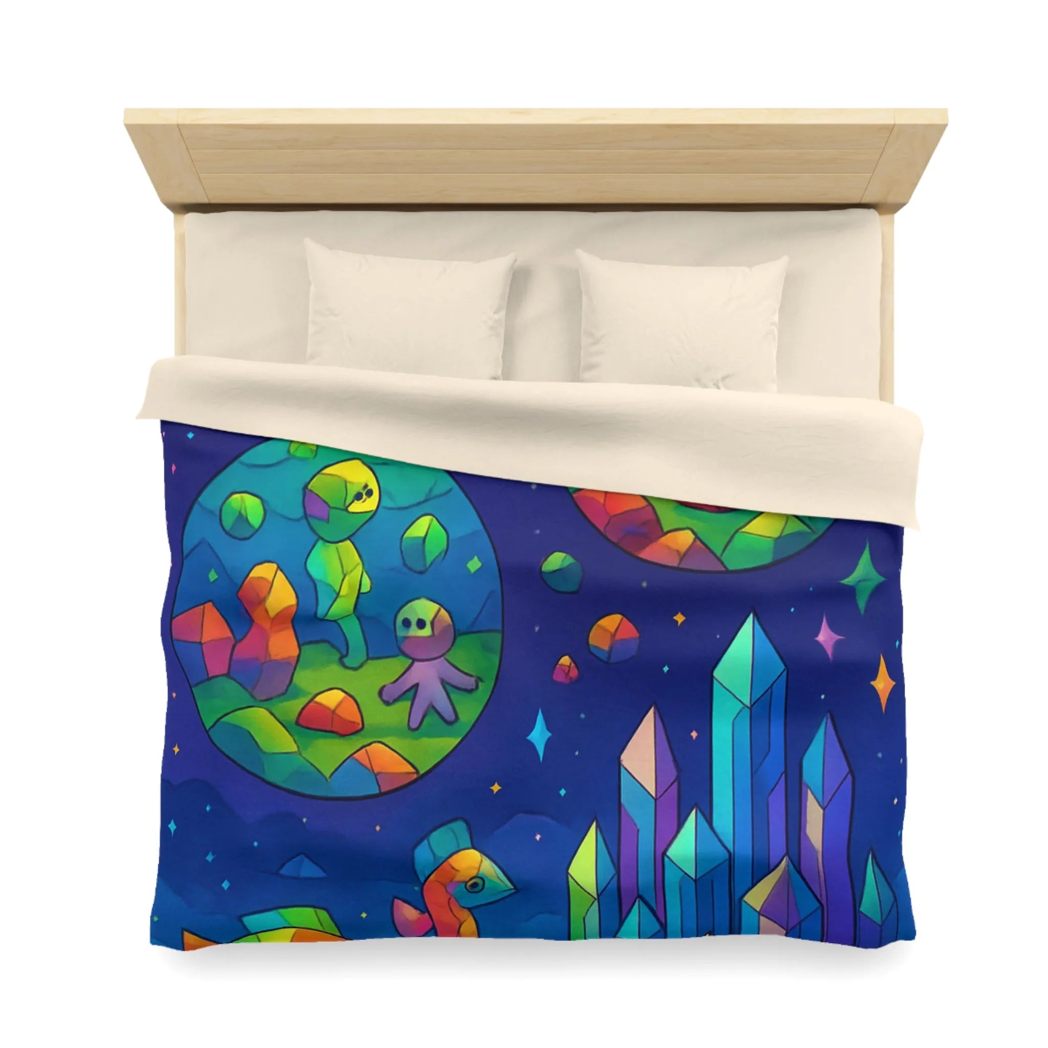 Housse de couette colorée avec paysages extraterrestres, créatures mignonnes et cristaux célestes