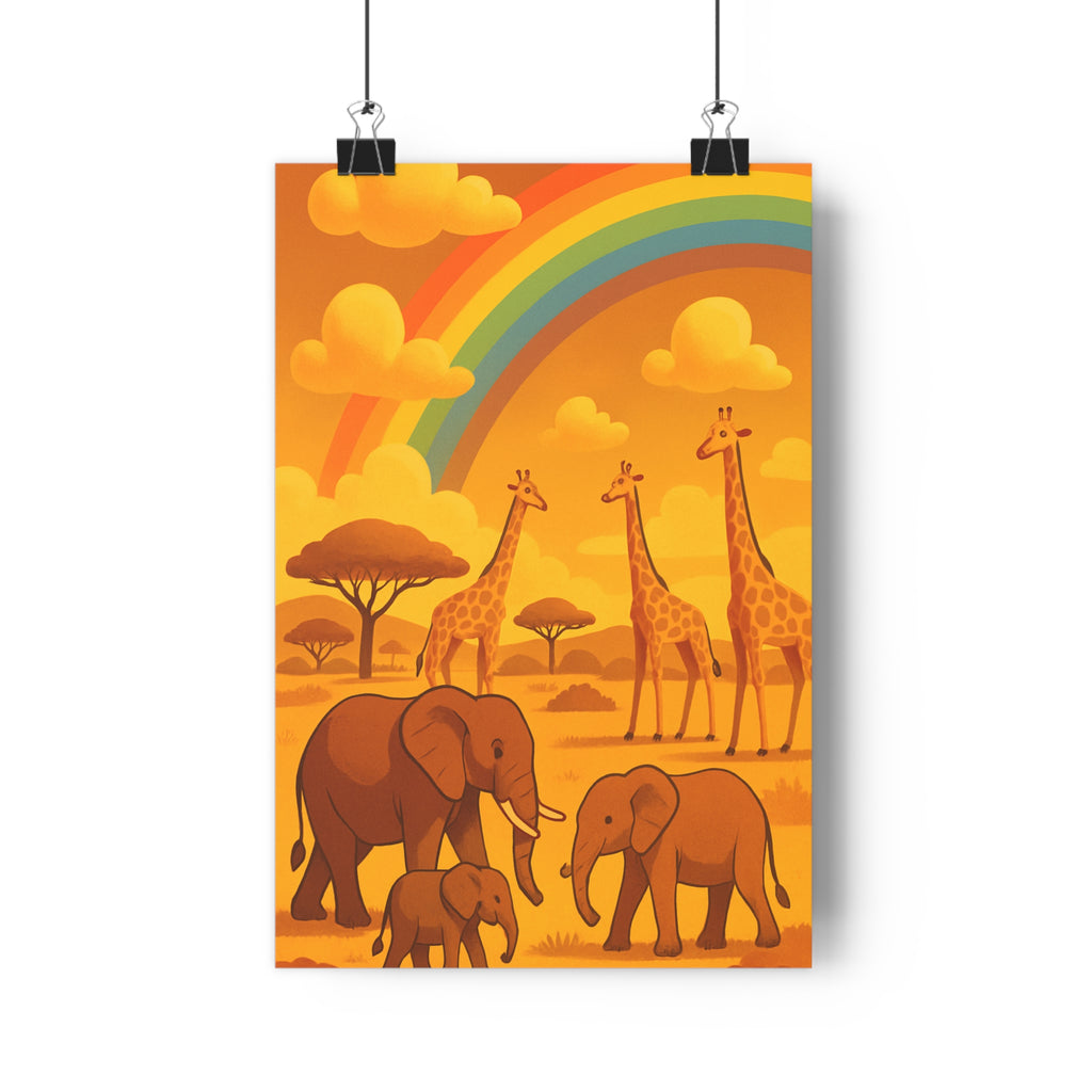 Poster décoratif cartoon jaune orange joyeux savane éléphants girafes enfants chambre safari nuages qualité