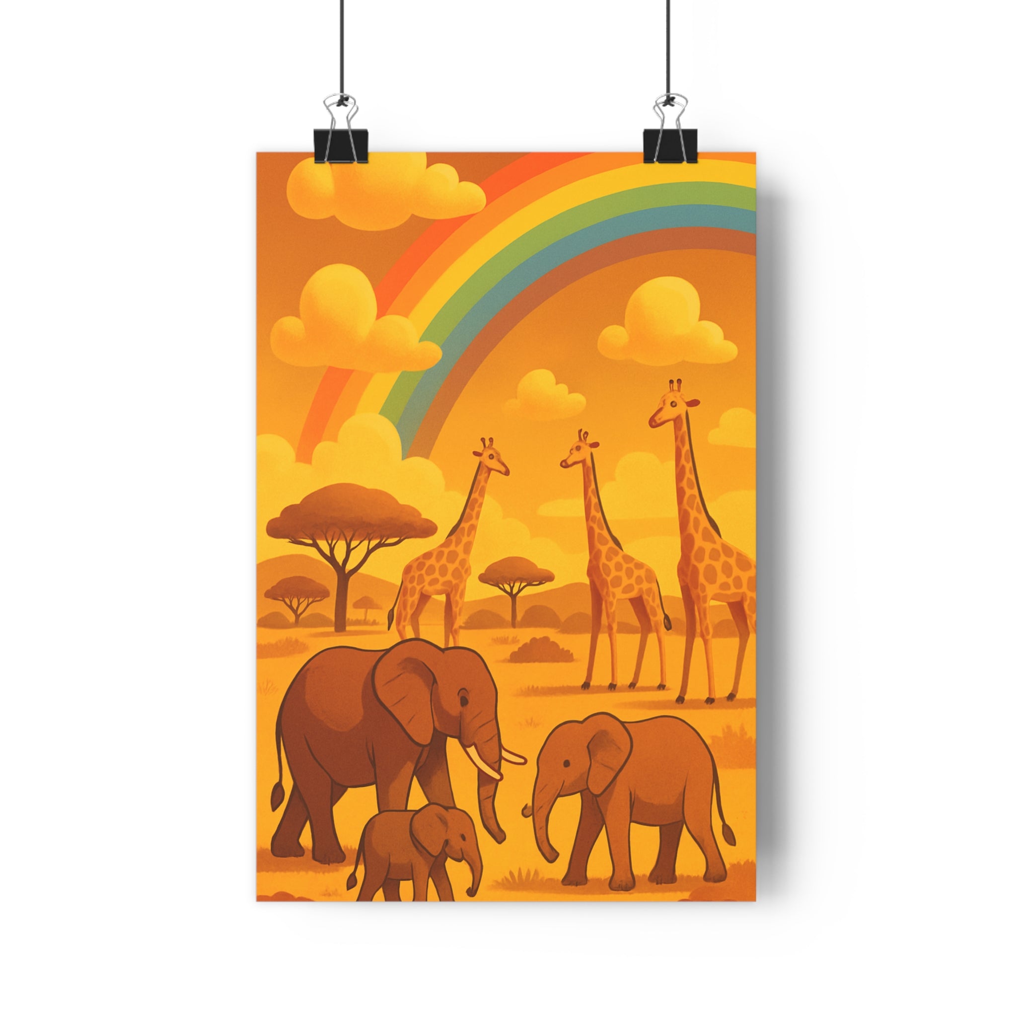 Poster décoratif cartoon jaune orange joyeux savane éléphants girafes enfants chambre safari nuages qualité