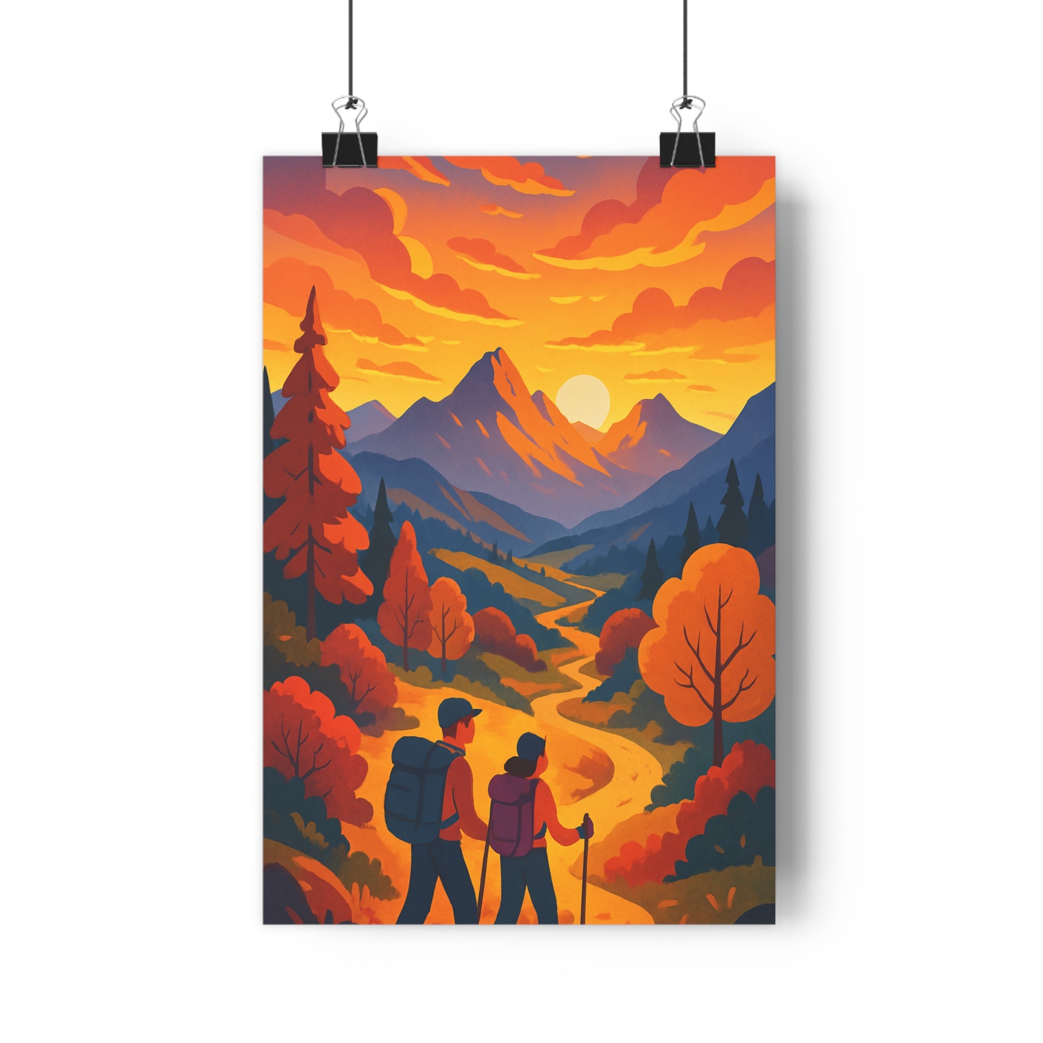 Poster décoratif montagne coucher soleil orange rose cartoon aventure salon chambre bureau tendance qualité