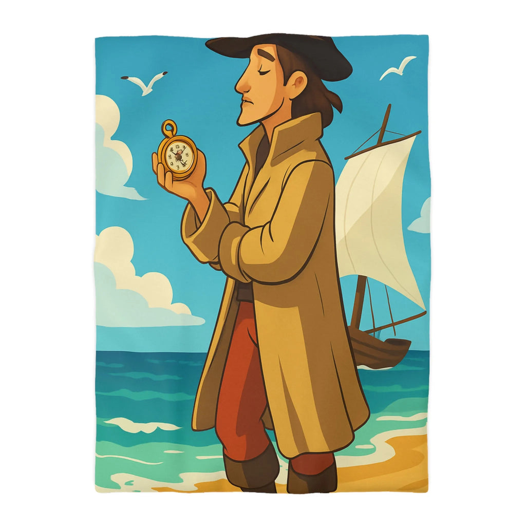 Housse de couette avec illustration de marin vintage et montres de poche sur plage