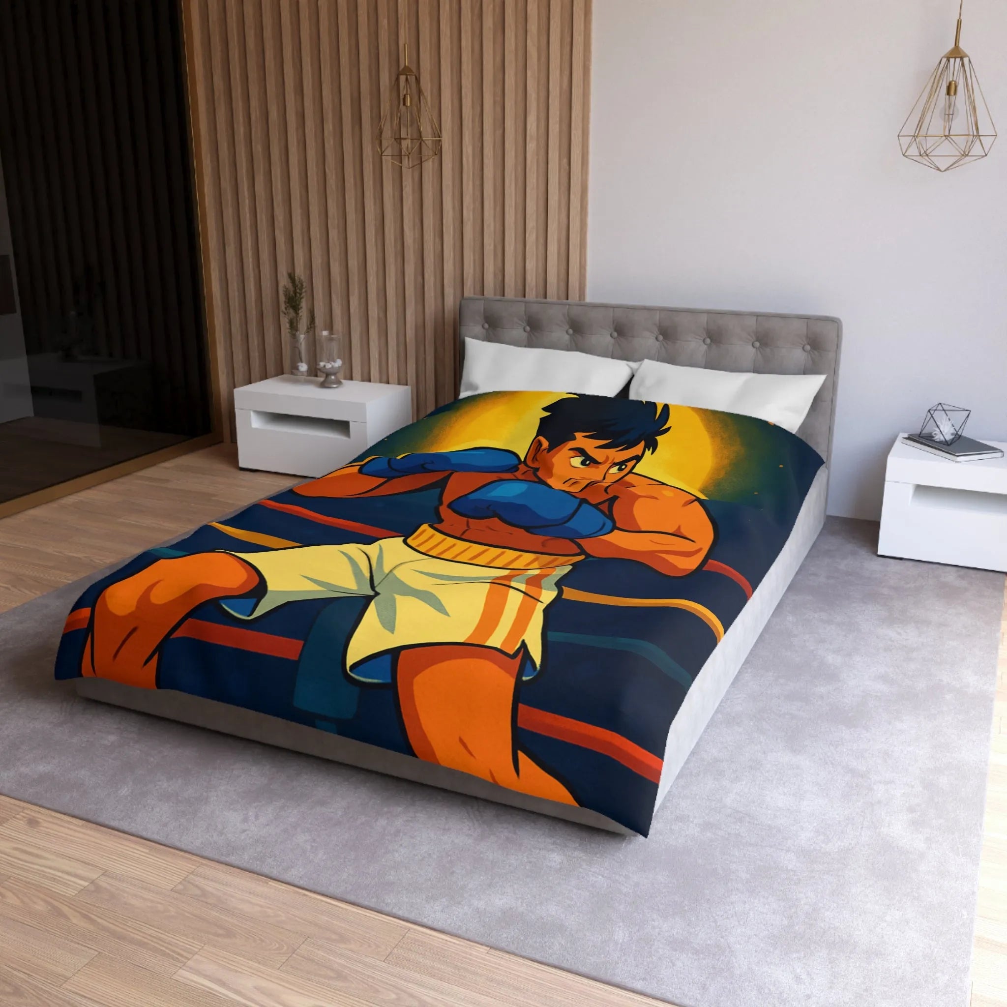 Housse de couette avec motif boxeur animé prêt pour le ring, style vibrant