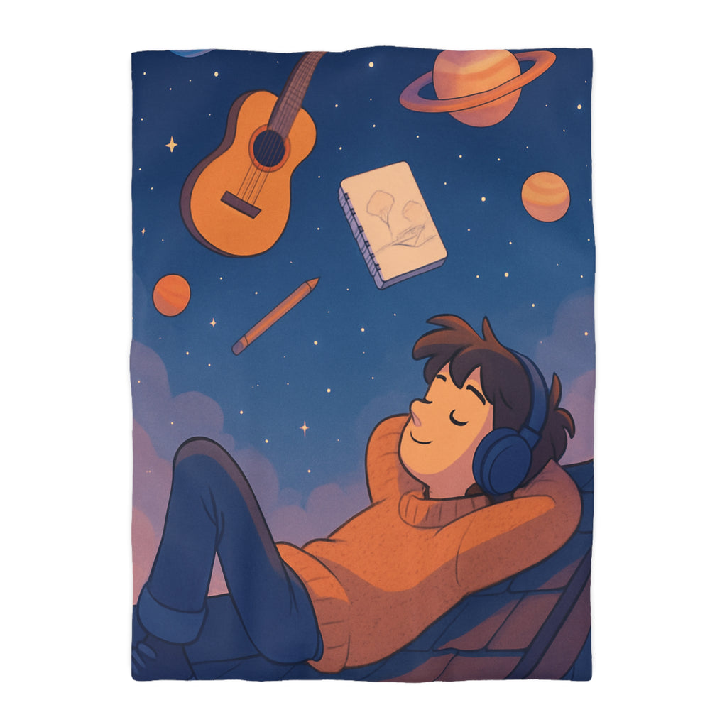 Housse de couette rêve étoilé avec guitare, planètes et rêverie d'artiste