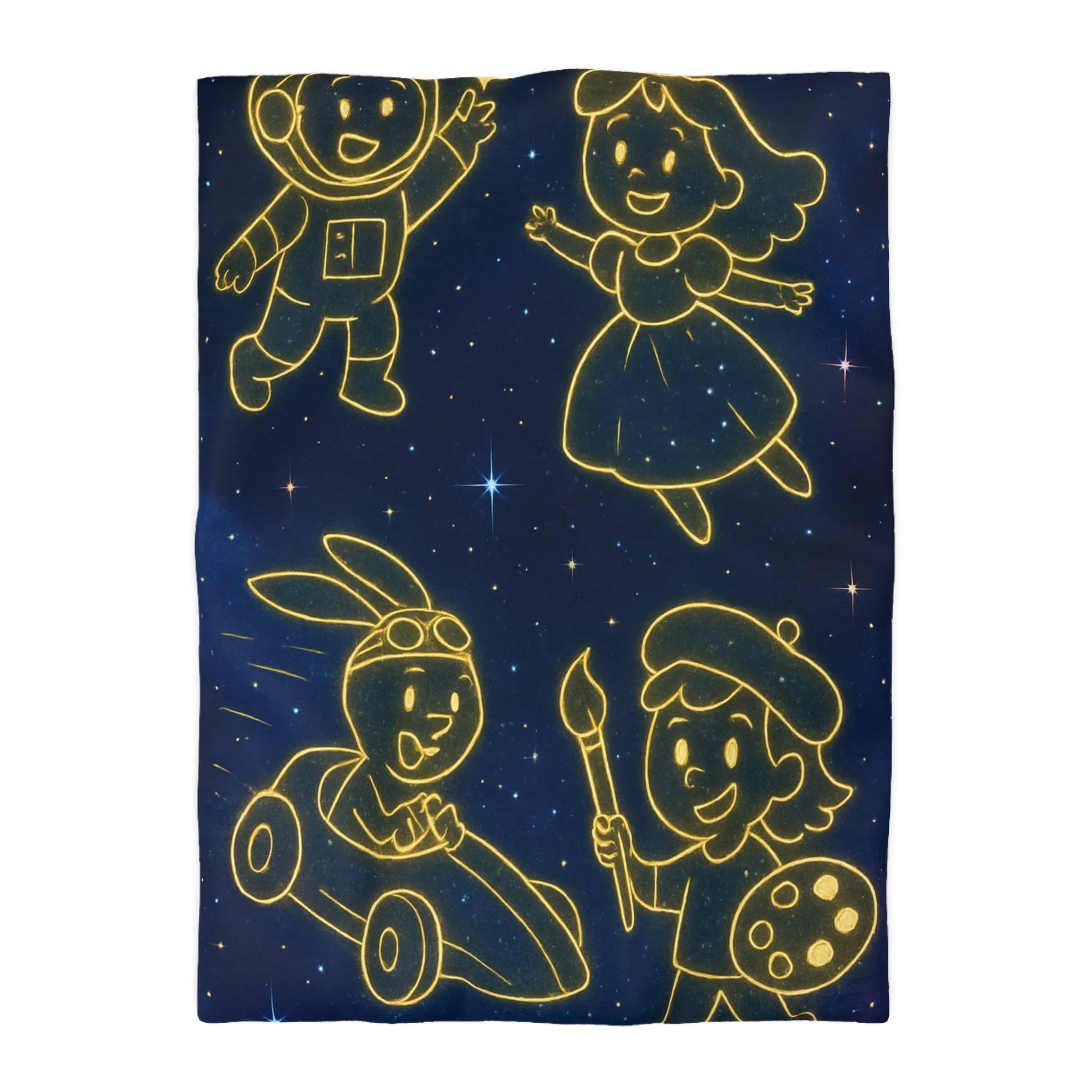Housse de Couette Enfant Cosmos avec Constellations Astronautes Princesse Lapin Artiste