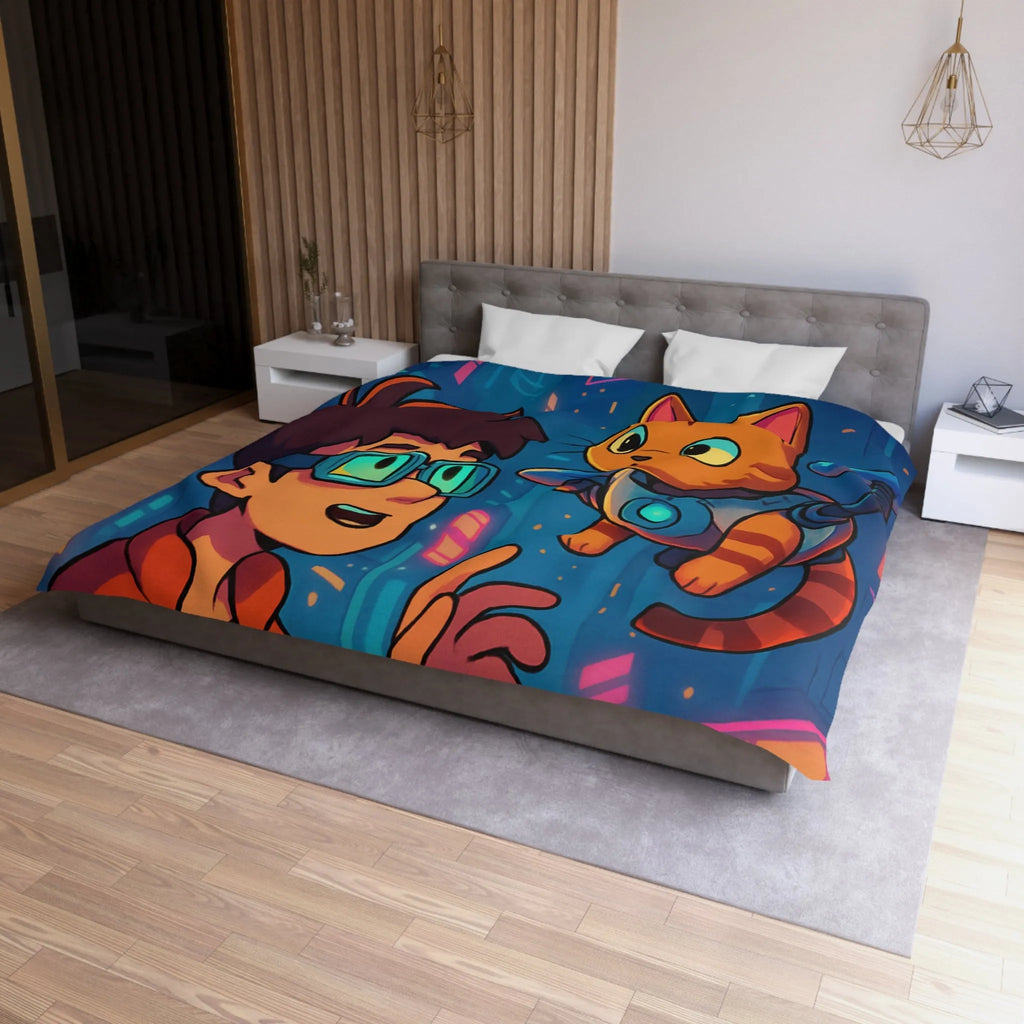 Housse de couette enfants style futuriste avec garçon et chat dans ville cyber
