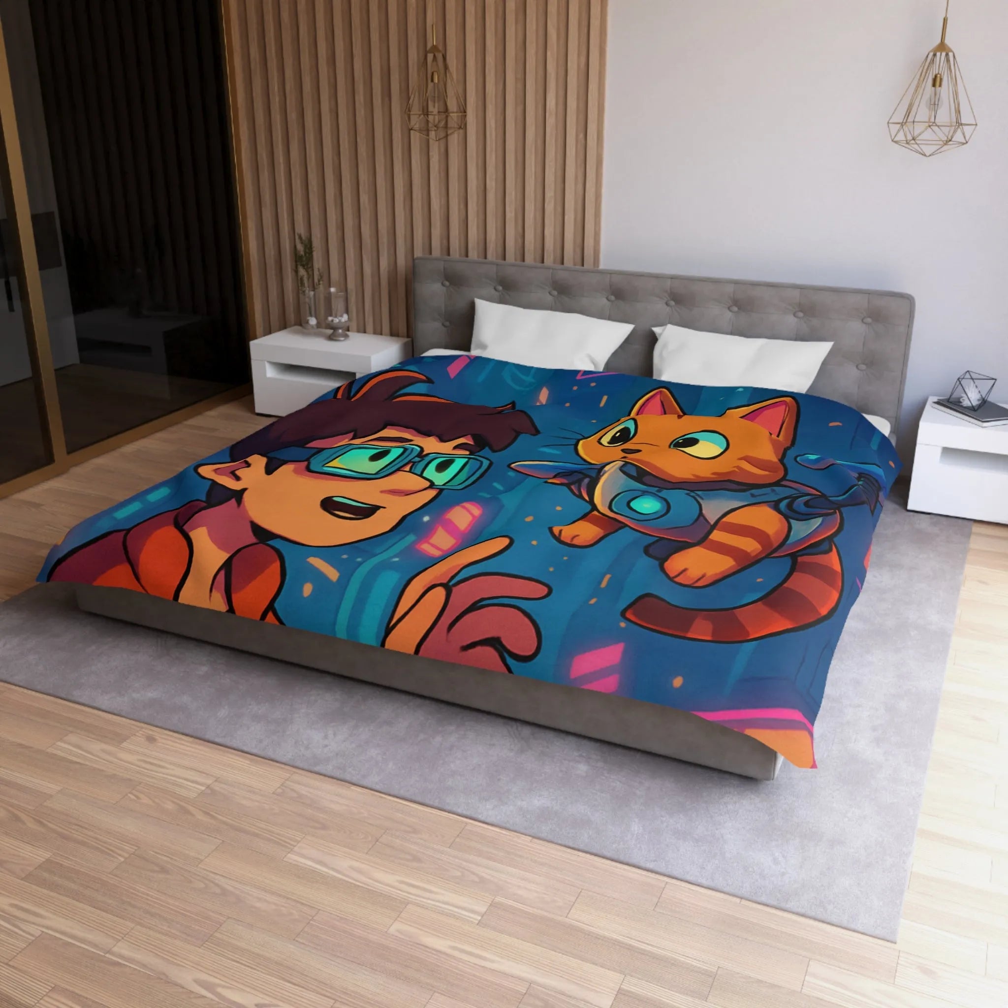 Housse de couette enfants style futuriste avec garçon et chat dans ville cyber