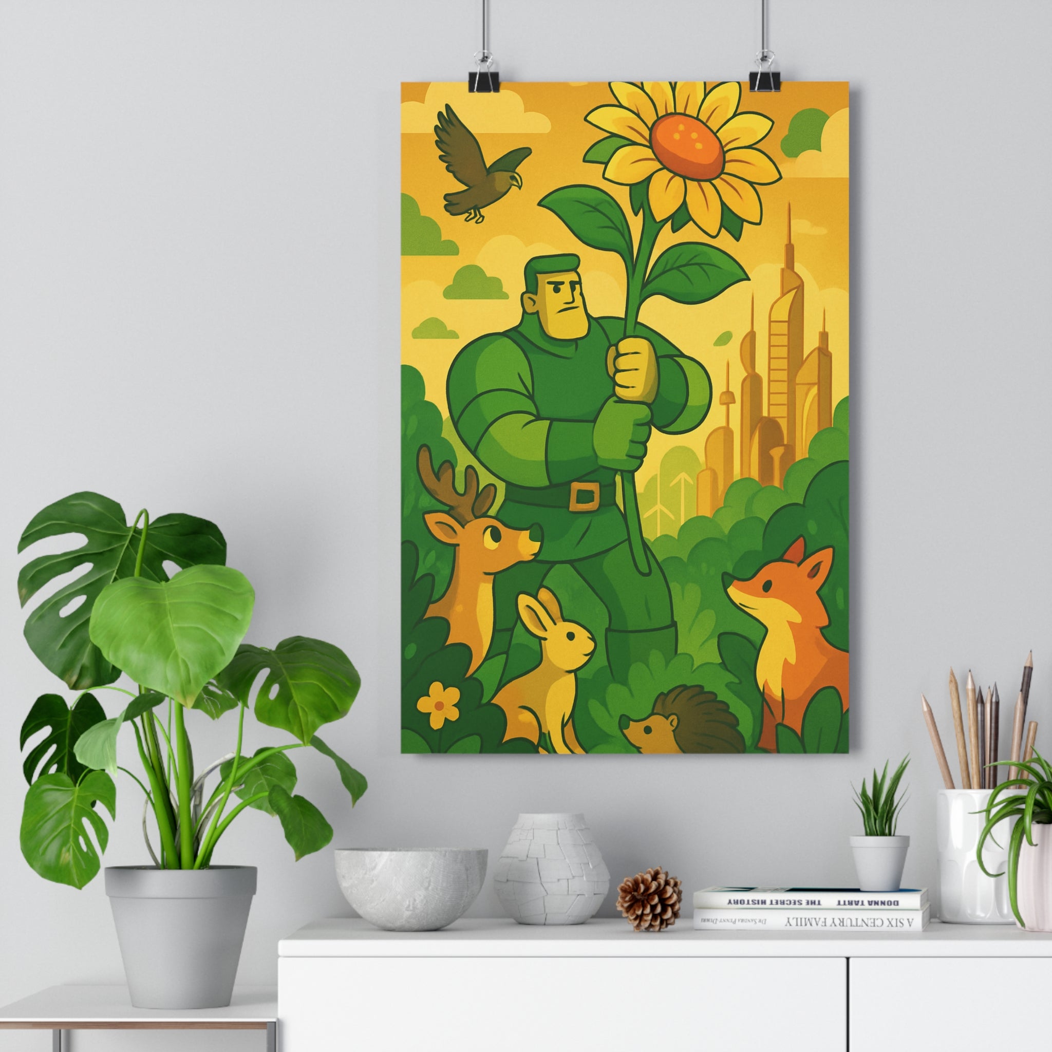 Poster décoratif cartoon écologique lumineux jaune vert salon enfant nature animaux futuriste optimiste qualité