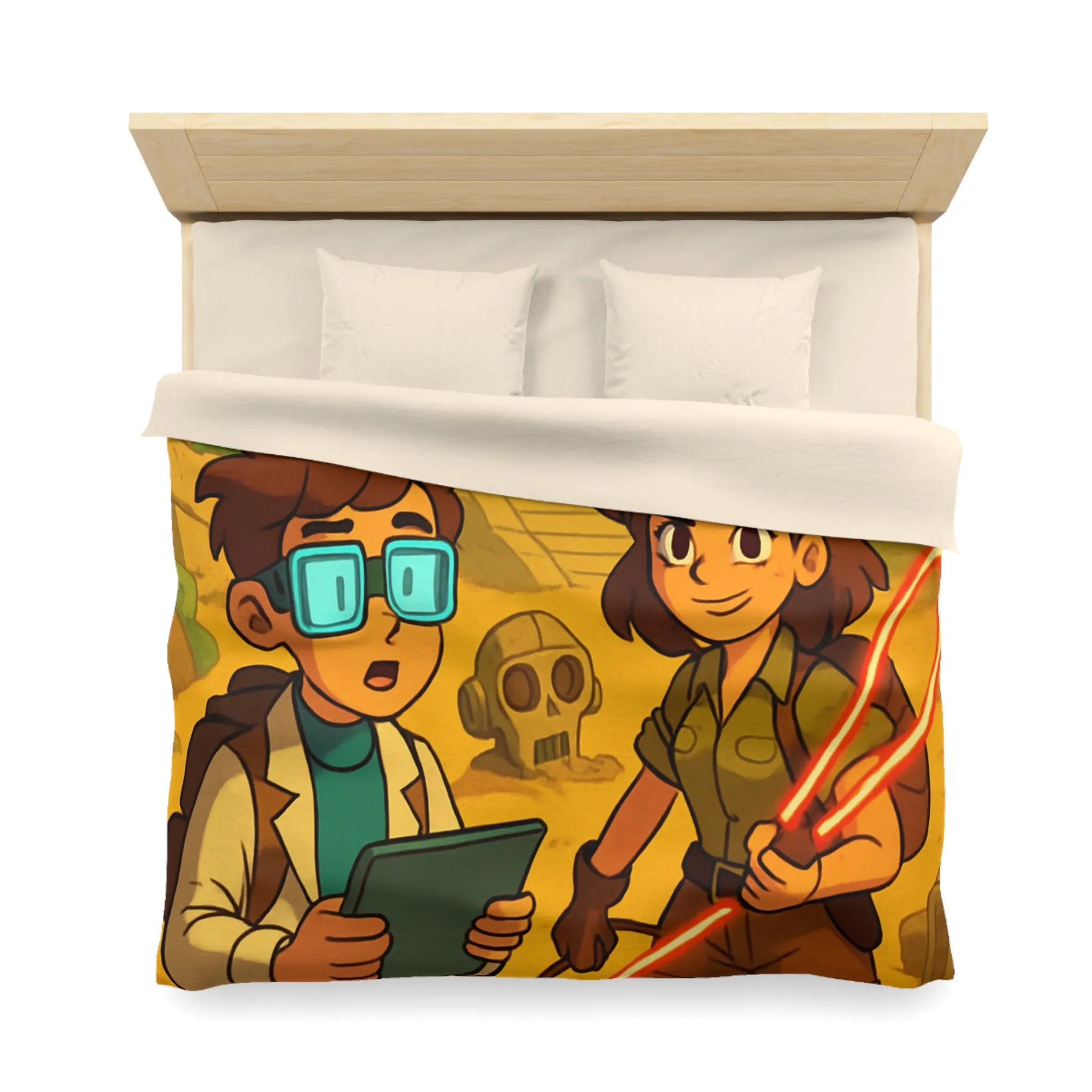 Housse de couette aventuriers explorant ruines mystérieuses en style cartoon animé coloré