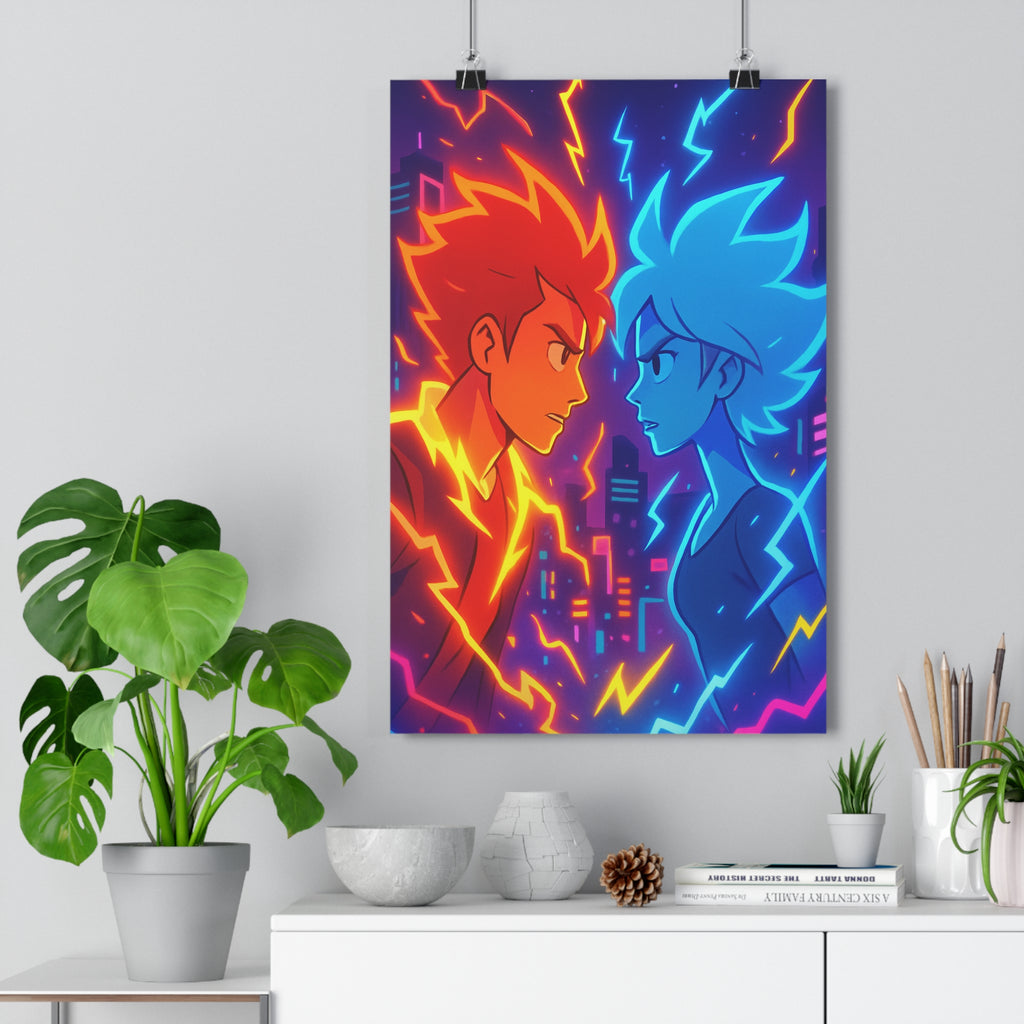 Poster décoratif dessin animé néon rouge bleu éclairs intense dynamique chambre moderne urbain tendance