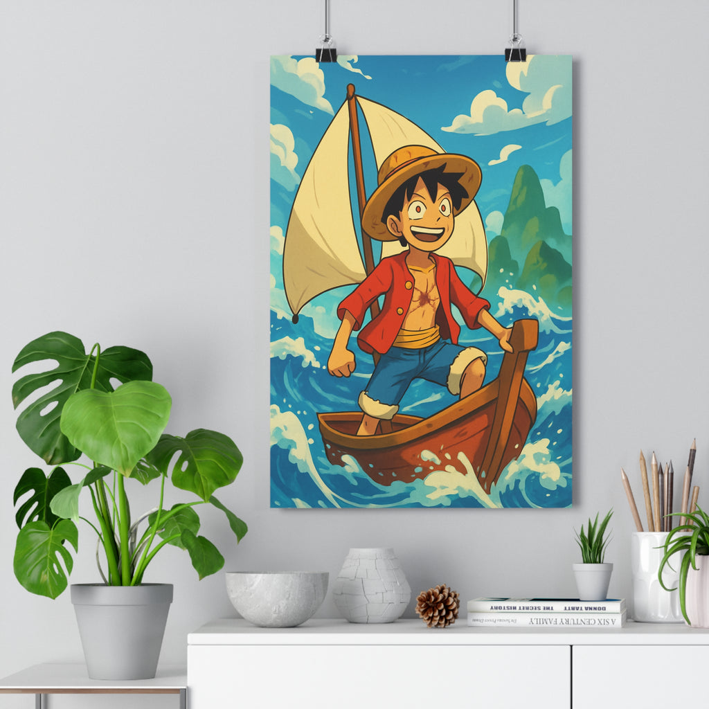 Poster décoratif aventurier cartoon chapeau paille bleu mer joyeux enfant chambre nuages dynamique bateau