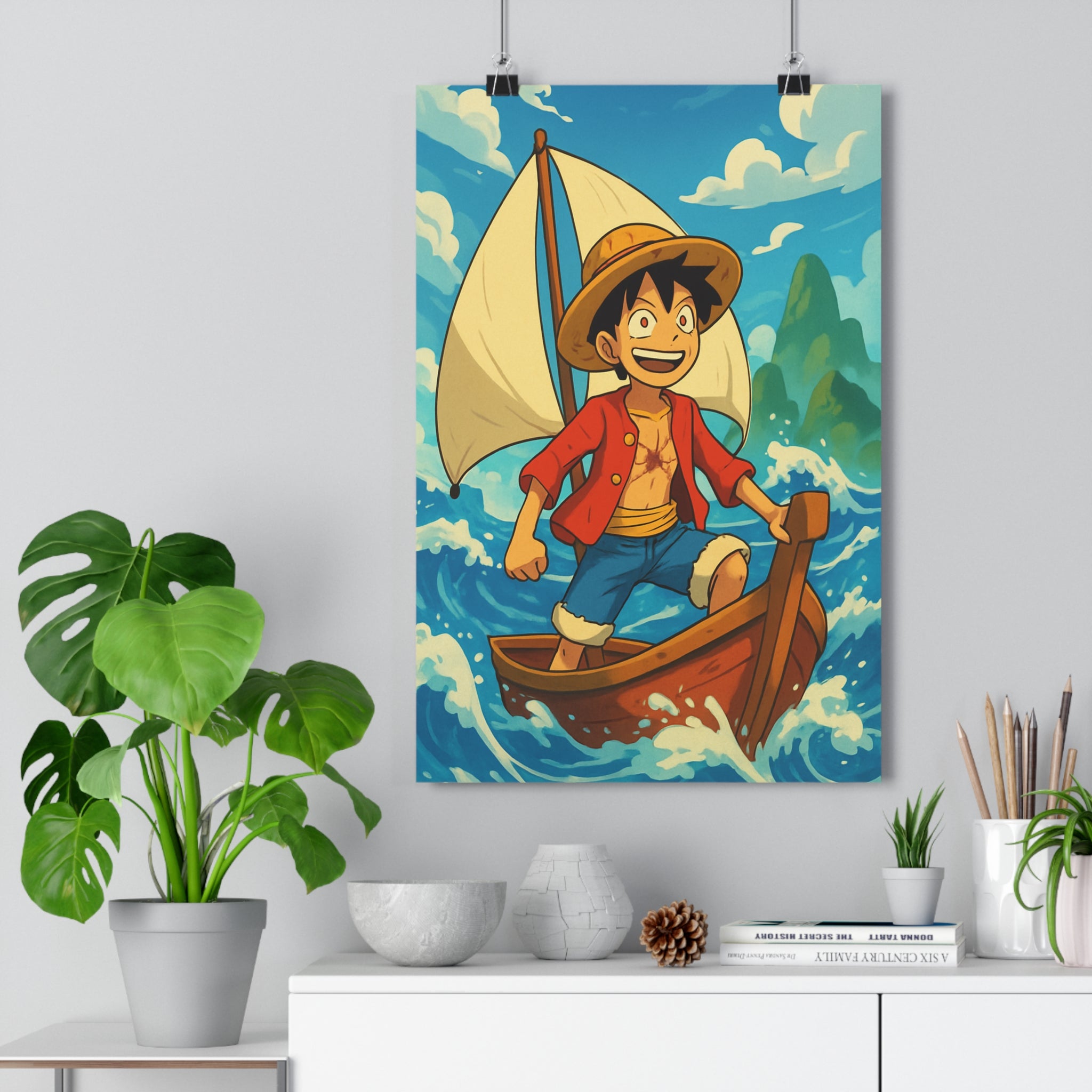 Poster décoratif aventurier cartoon chapeau paille bleu mer joyeux enfant chambre nuages dynamique bateau