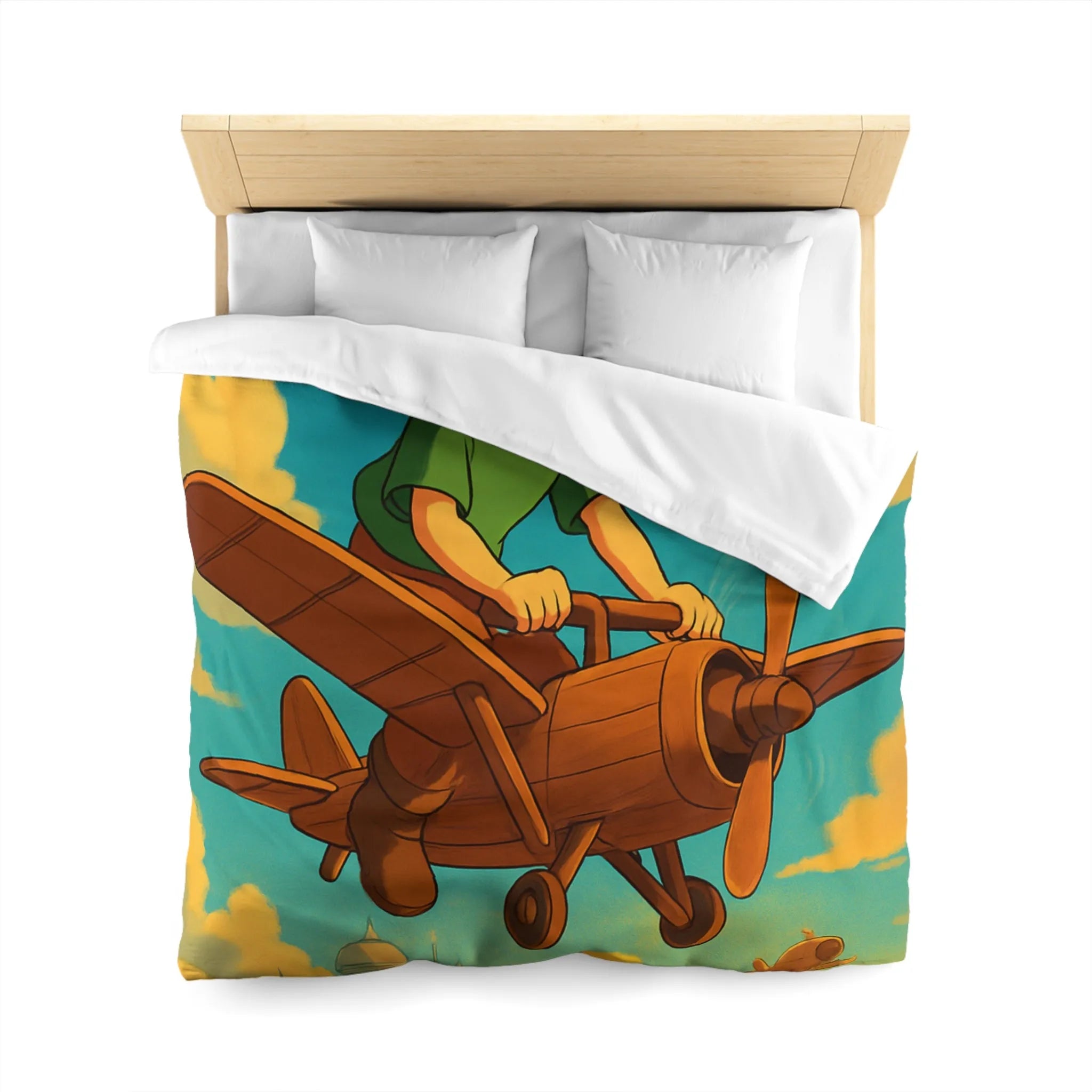 Aventure enfantine avec avion en bois survolant palais nuageux au coucher du soleil