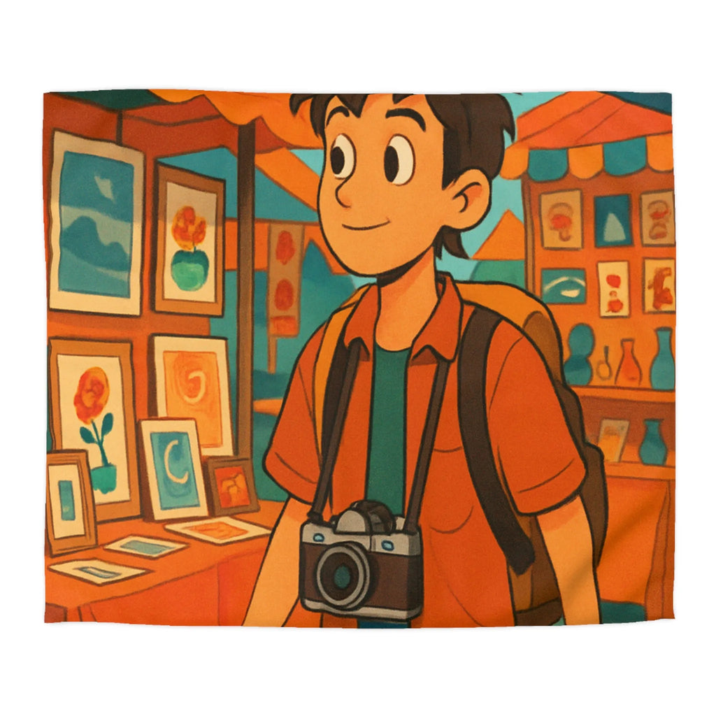 Housse de couette animée avec jeune explorateur et marché aux lanternes colorées