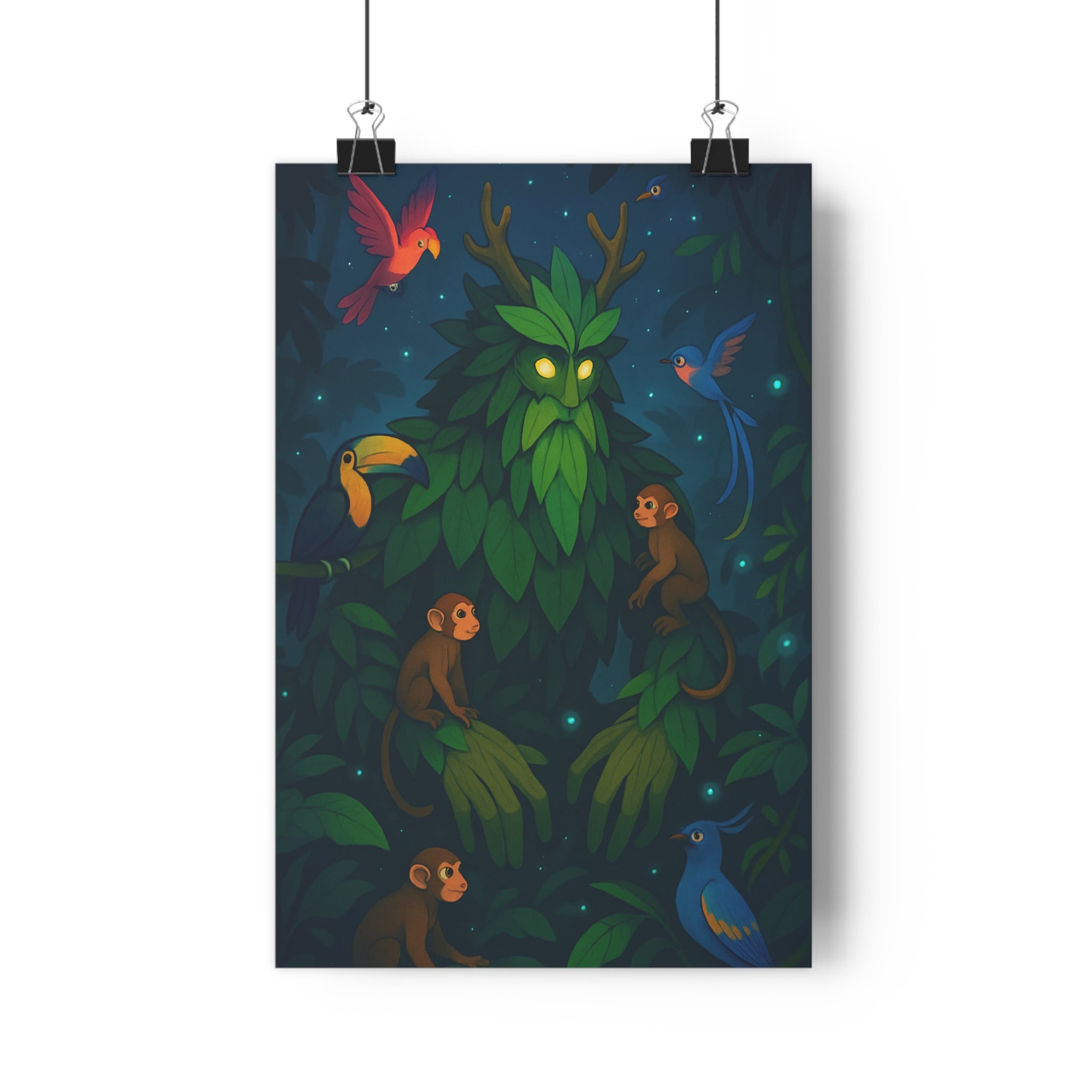 Poster décoratif cartoon vert marron mystique forêt enfant chambre ambiance magique créature singes oiseaux
