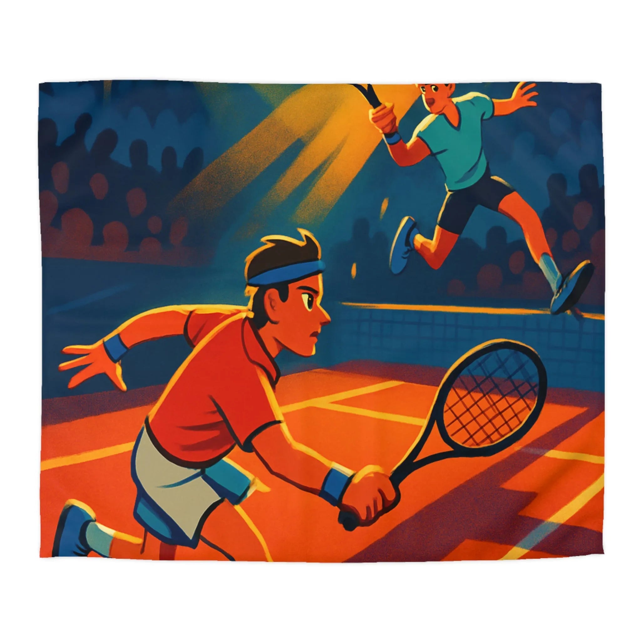 Housse de couette dynamique illustrant un match de tennis intense sous projecteurs éclatants