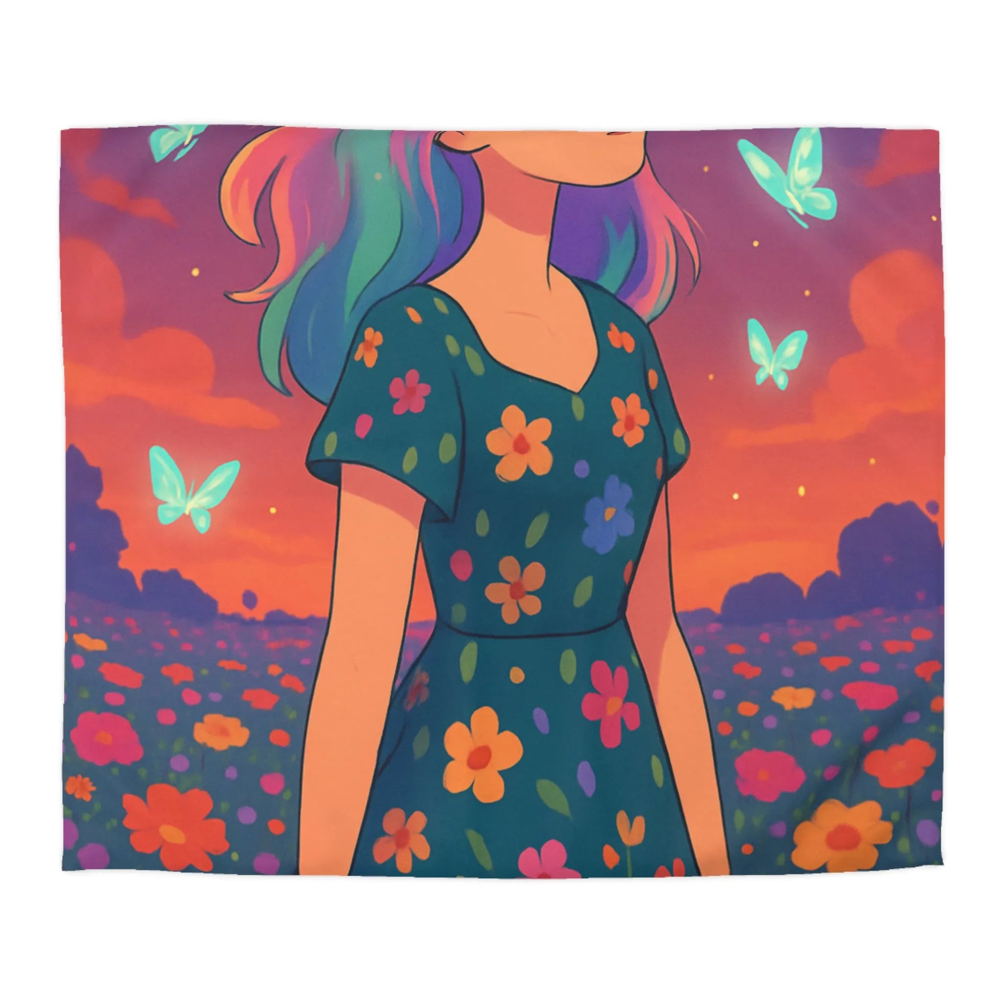 Housse de couette artistique avec fille et papillons dans champ fleuri vibrant