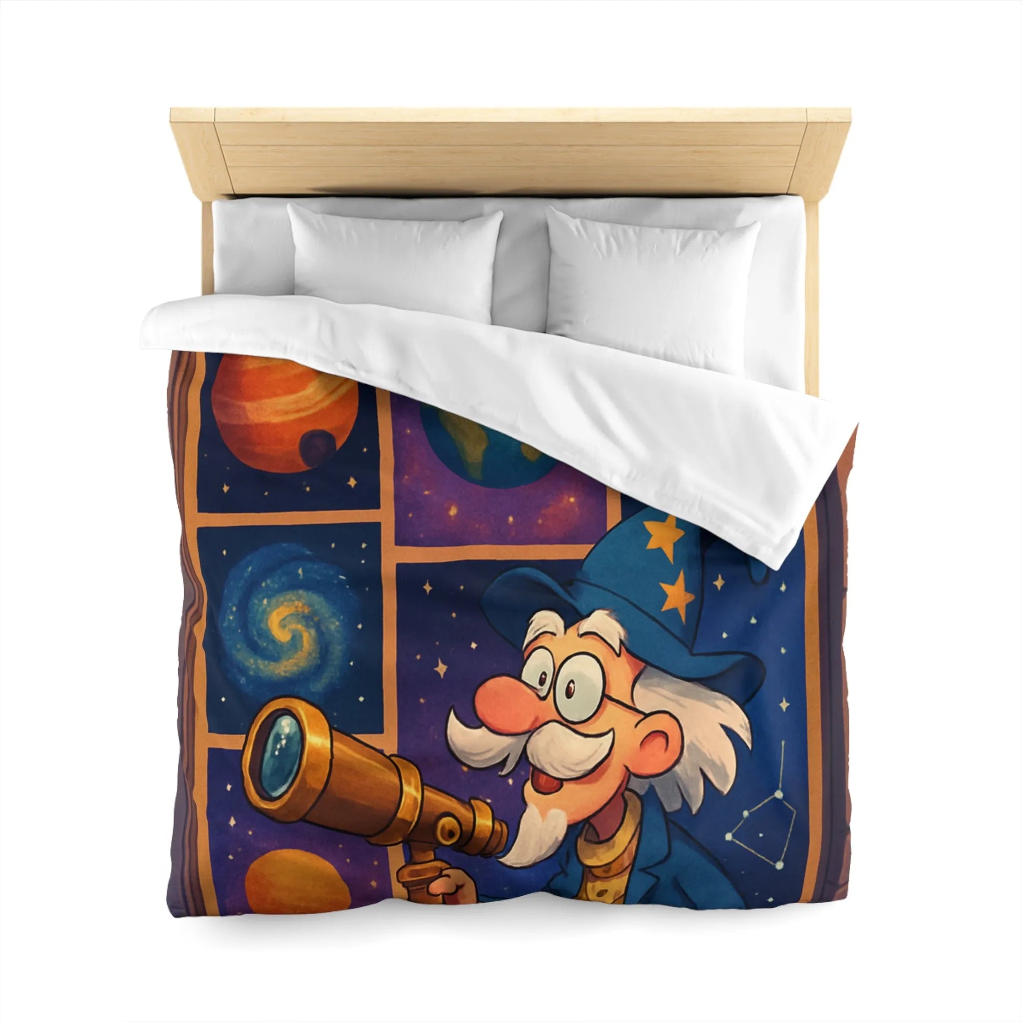 Housse de couette colorée avec astronome et planètes pour chambre d'enfant magique