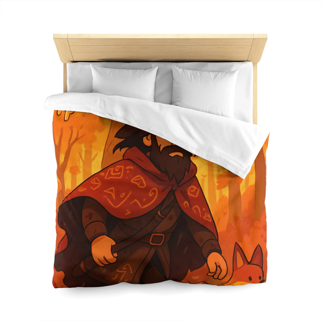 Housse de Couette Artistique avec Forêt Mystique d'Automne, Homme Barbu et Animaux Joyeux