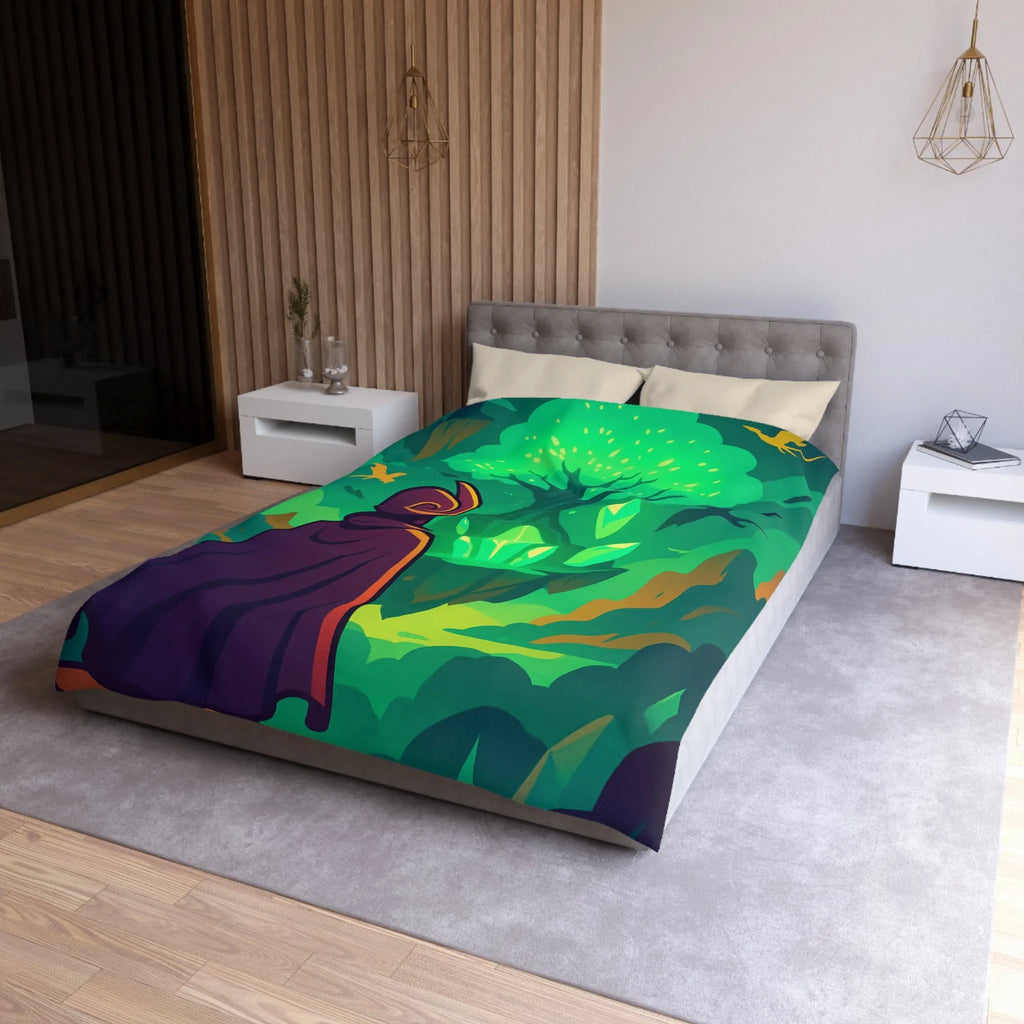 Housse de couette magique avec arbre brillant flottant, créatures volantes et paysages féeriques