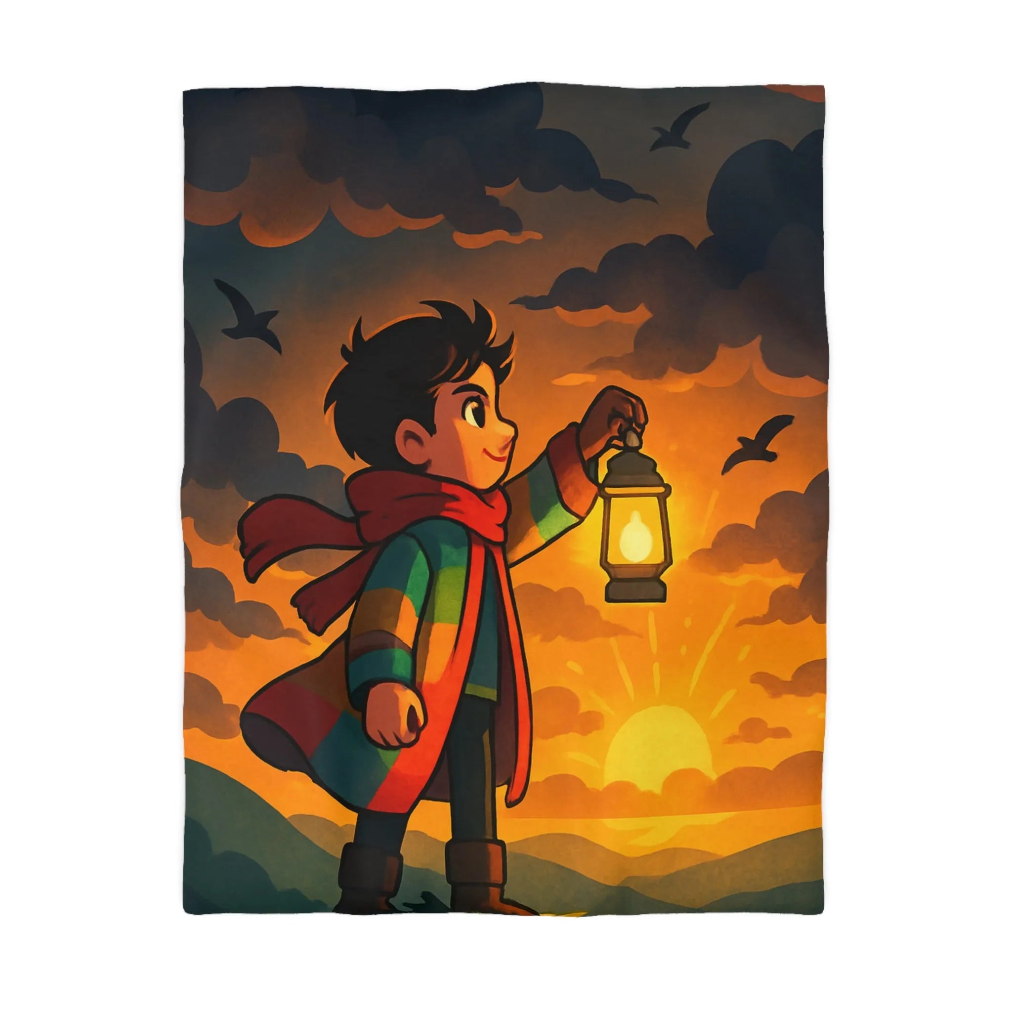 Housse de couette avec illustration enfantine colorée : garçon, lanterne, ciel dramatique