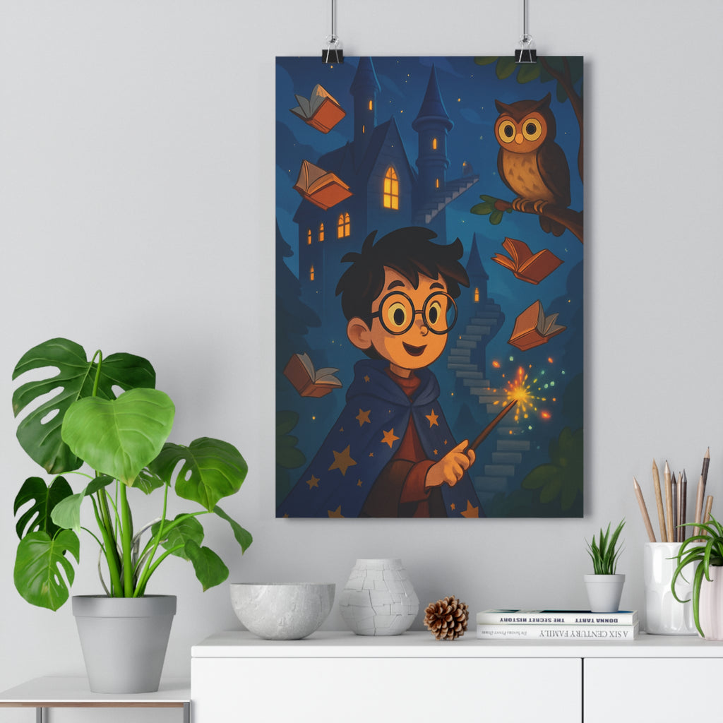Poster décoratif mystique enfant magique jeune garçon lunettes baguette château étoiles hibou flottant chambre