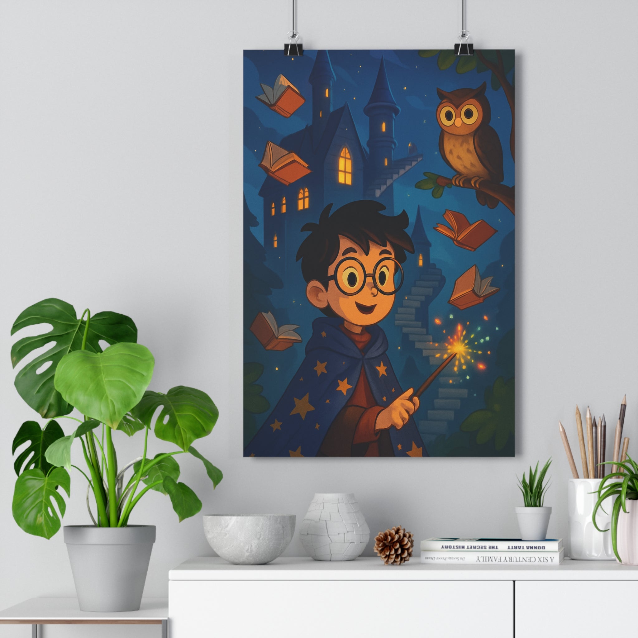 Poster décoratif mystique enfant magique jeune garçon lunettes baguette château étoiles hibou flottant chambre