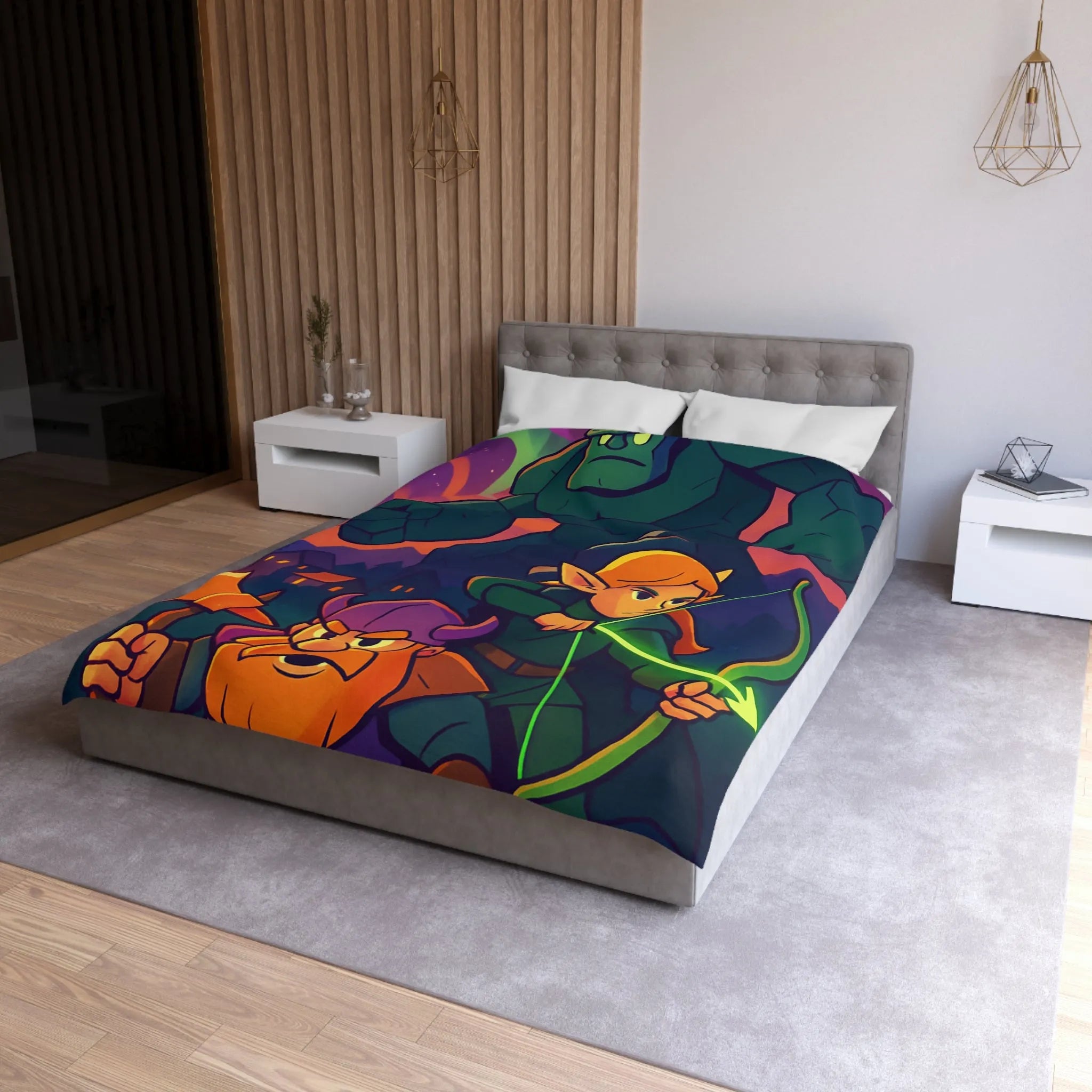 Housse de Couette Fantastique avec Guerrier, Archer et Golem sous Aurores Boréales Éclatantes