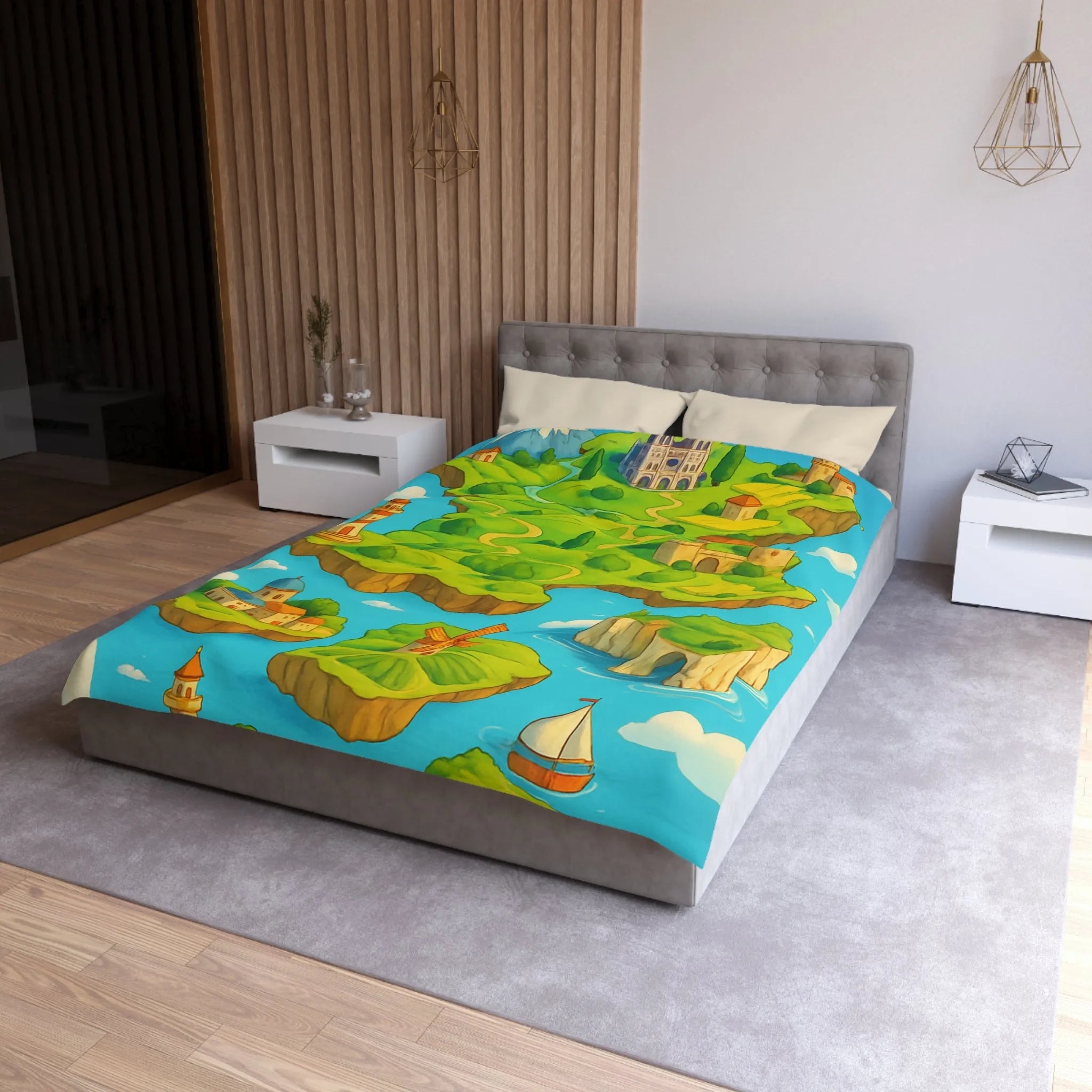 Housse de Couette Fantaisie Île Flottante Paysage Coloré Mer Moulins et Phare