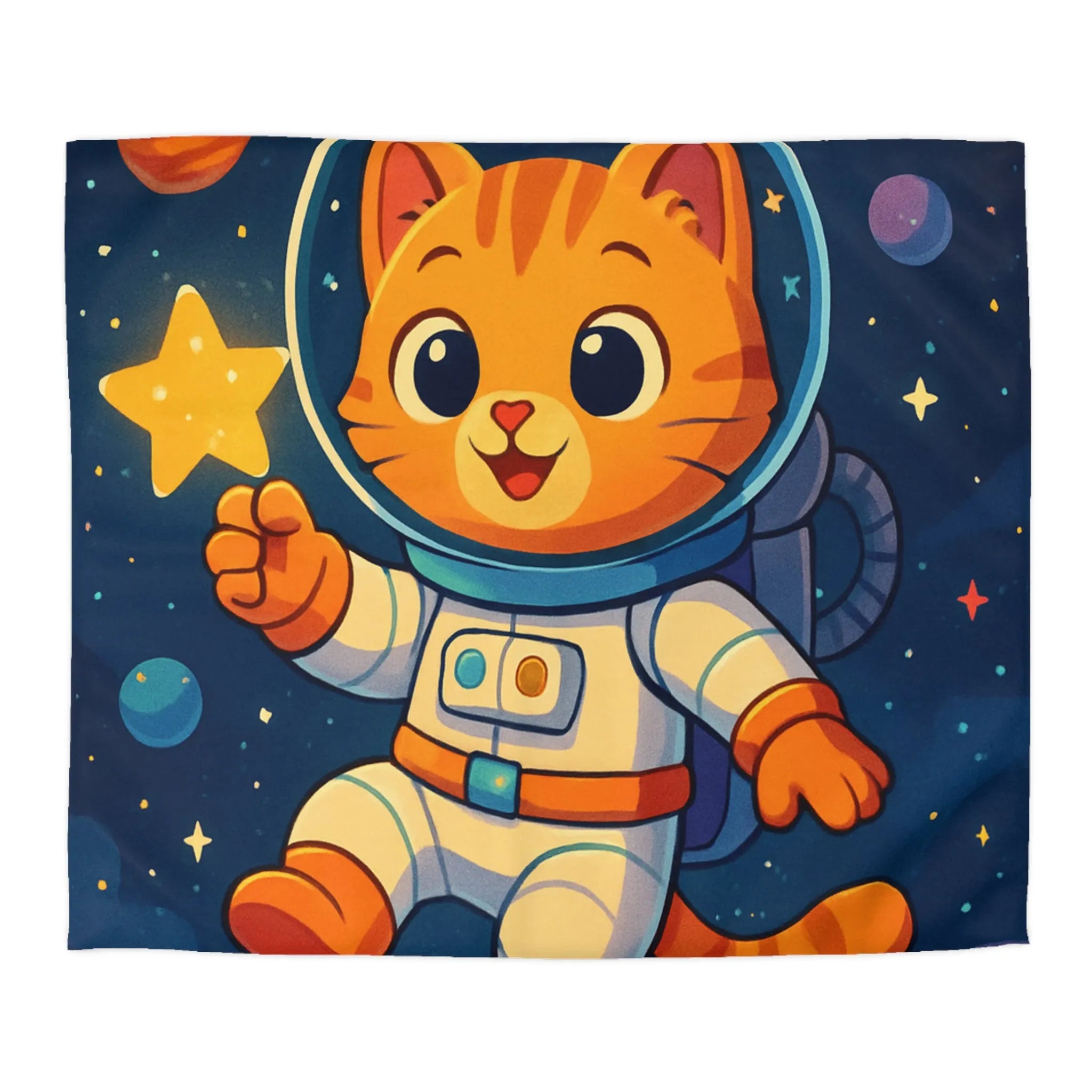 Housse de Couette avec Chat Astronaute et Étoiles dans Espace Coloré pour Enfants