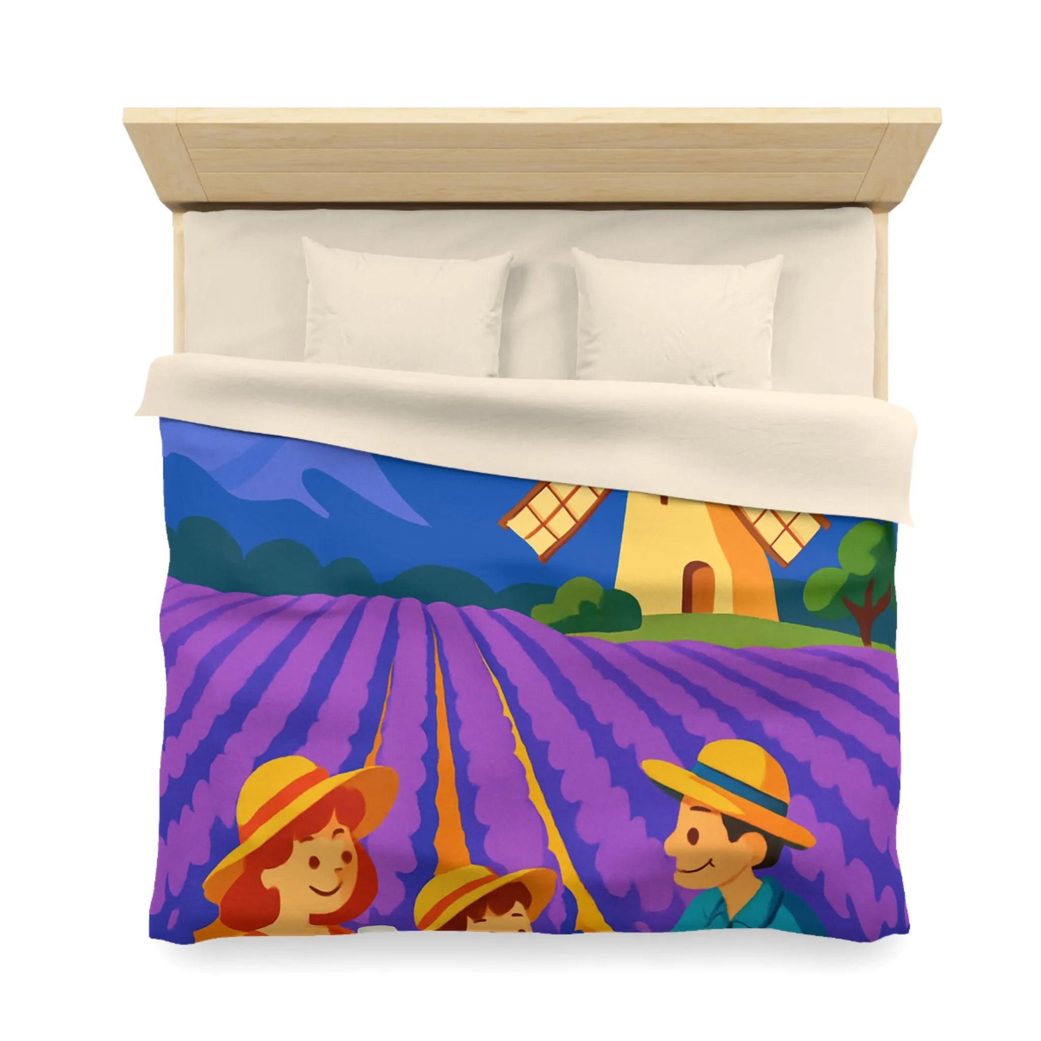 Housse de Couette Illustrée Scène de Pique-Nique en Provence avec Moulin à Vent