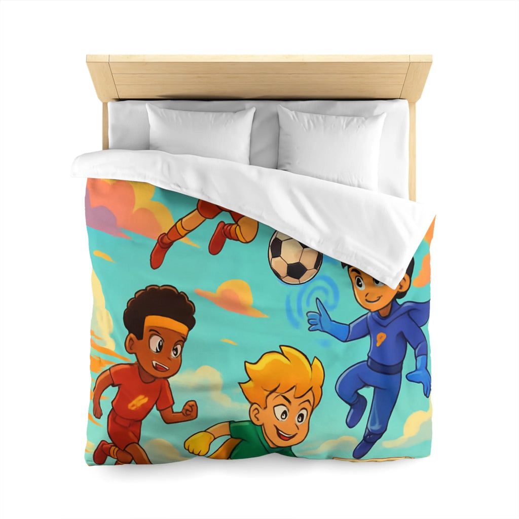 Housse de couette colorée avec enfants jouant au football dans un style cartoon céleste