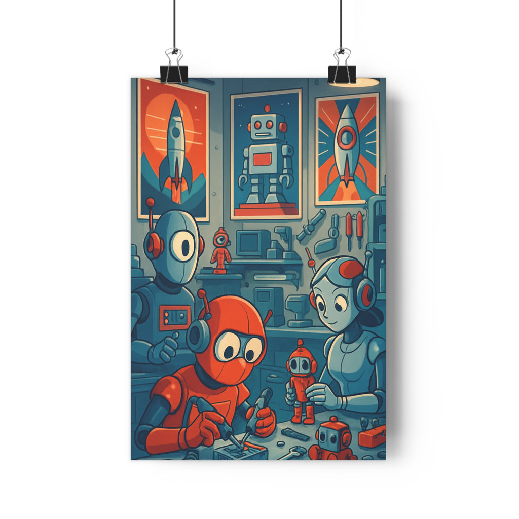 Poster décoratif rétrofuturiste bleu rouge moderne robots chambre bureau ambiance nostalgique art unique qualité