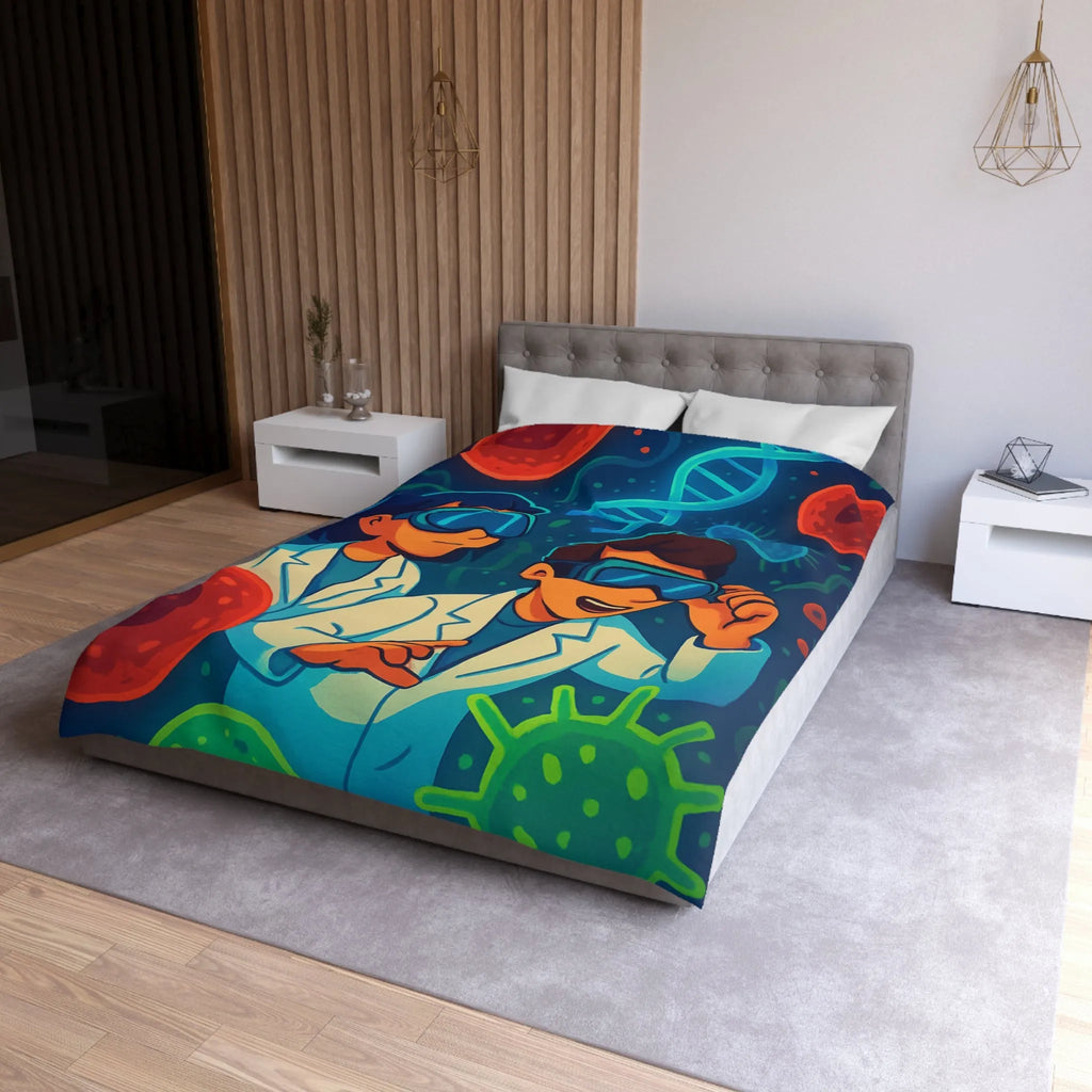Drap housse scientifique ludique avec chercheurs et microbes éclatants en couleurs vibrantes et vives