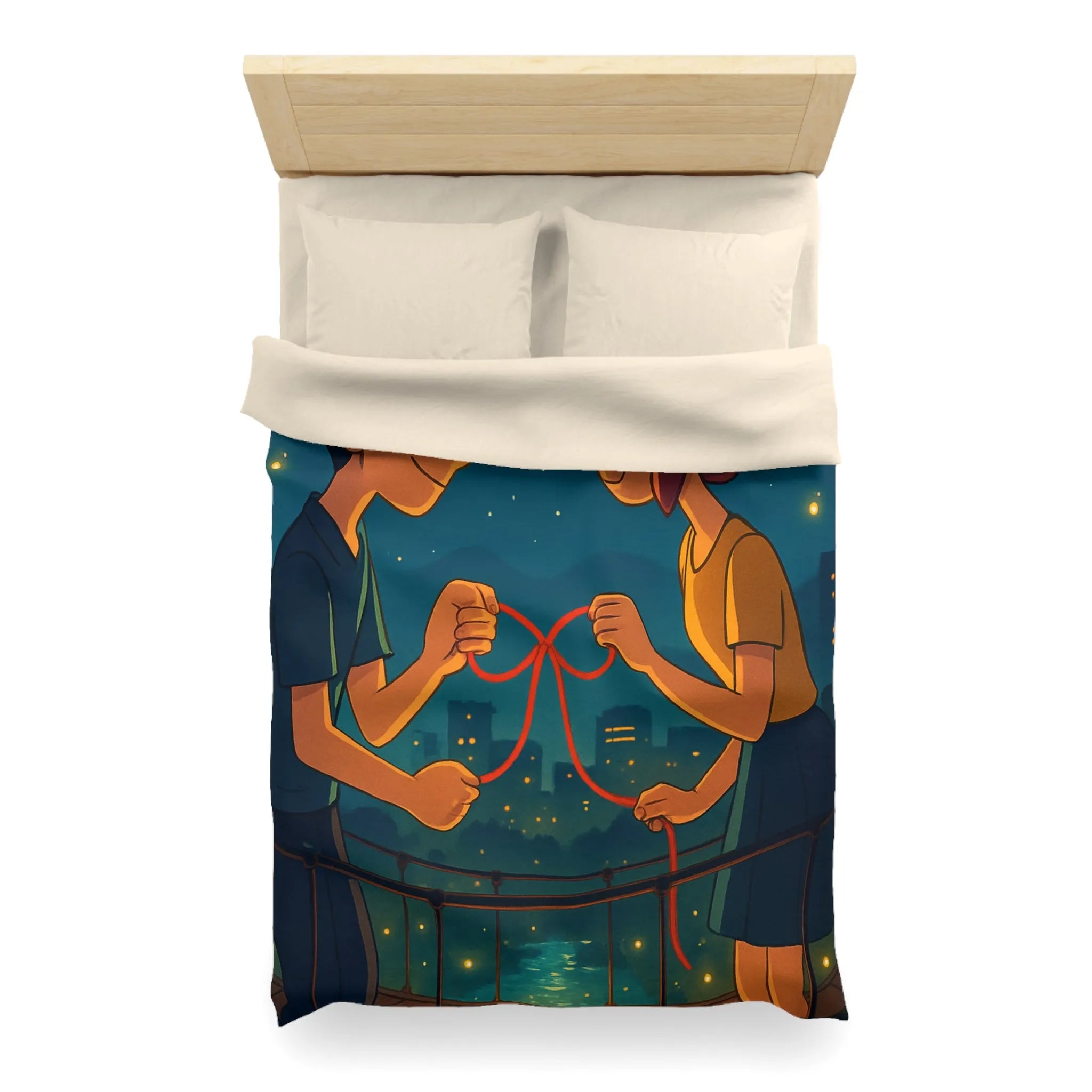 Housse de couette animée couple amoureux sur pont au-dessus d'une ville étoilée