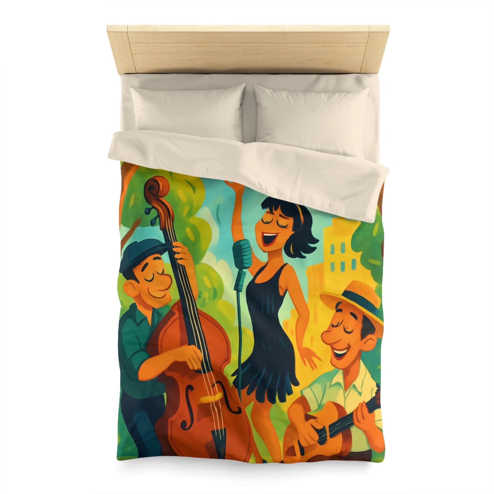 Housse de couette colorée avec scène musicale rétro dans un parc ensoleillé