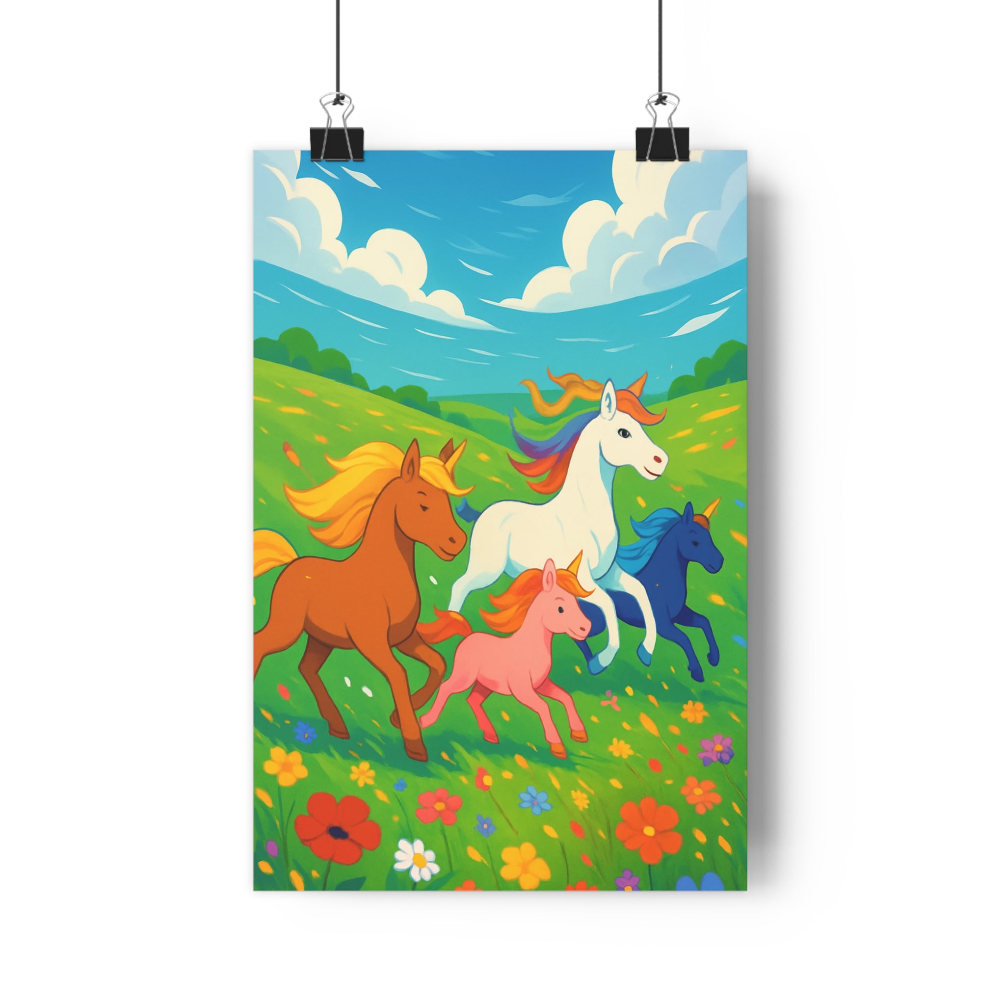 Poster décoratif licornes cartoon coloré joyeux féerique enfant chambre paysage magique bleu verdoyant qualité