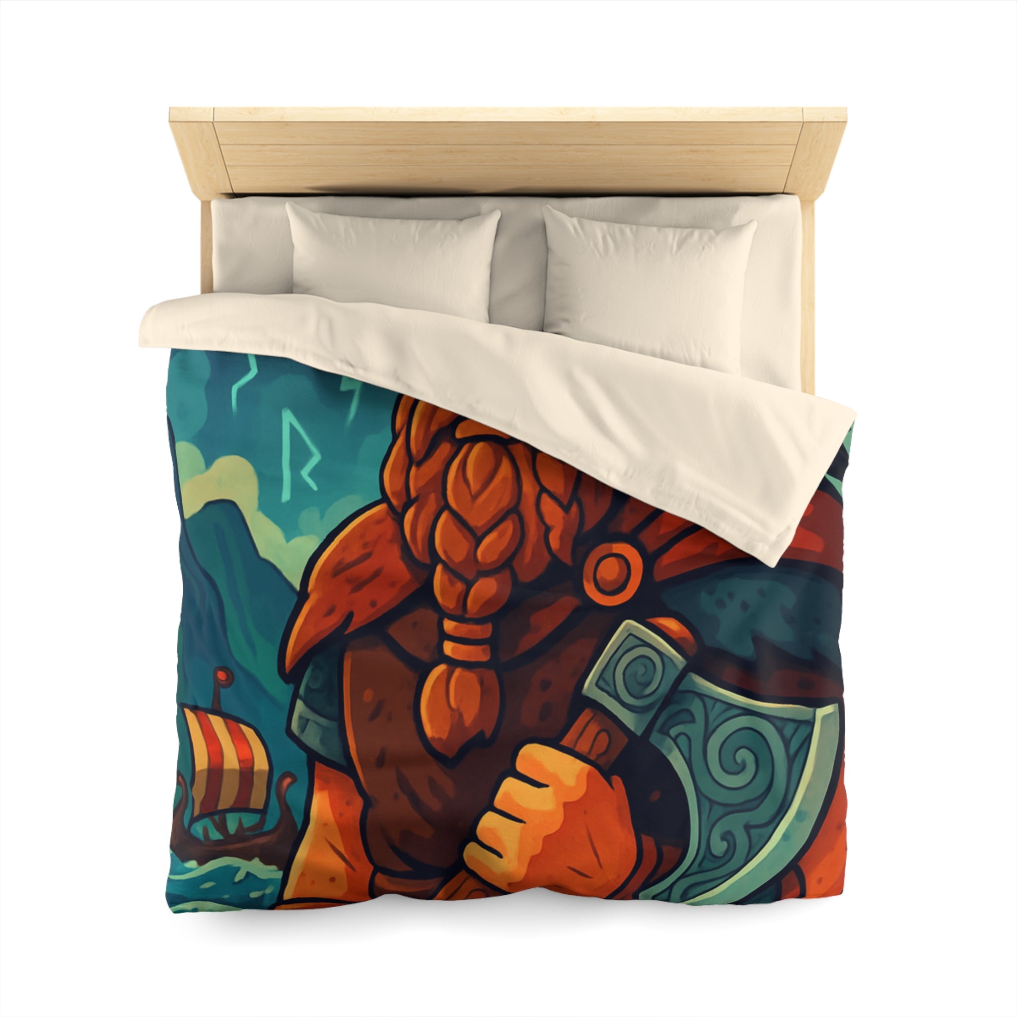 Housse de Couette Viking Épique avec Corbeau Mystique et Mer Orageuse Nordique