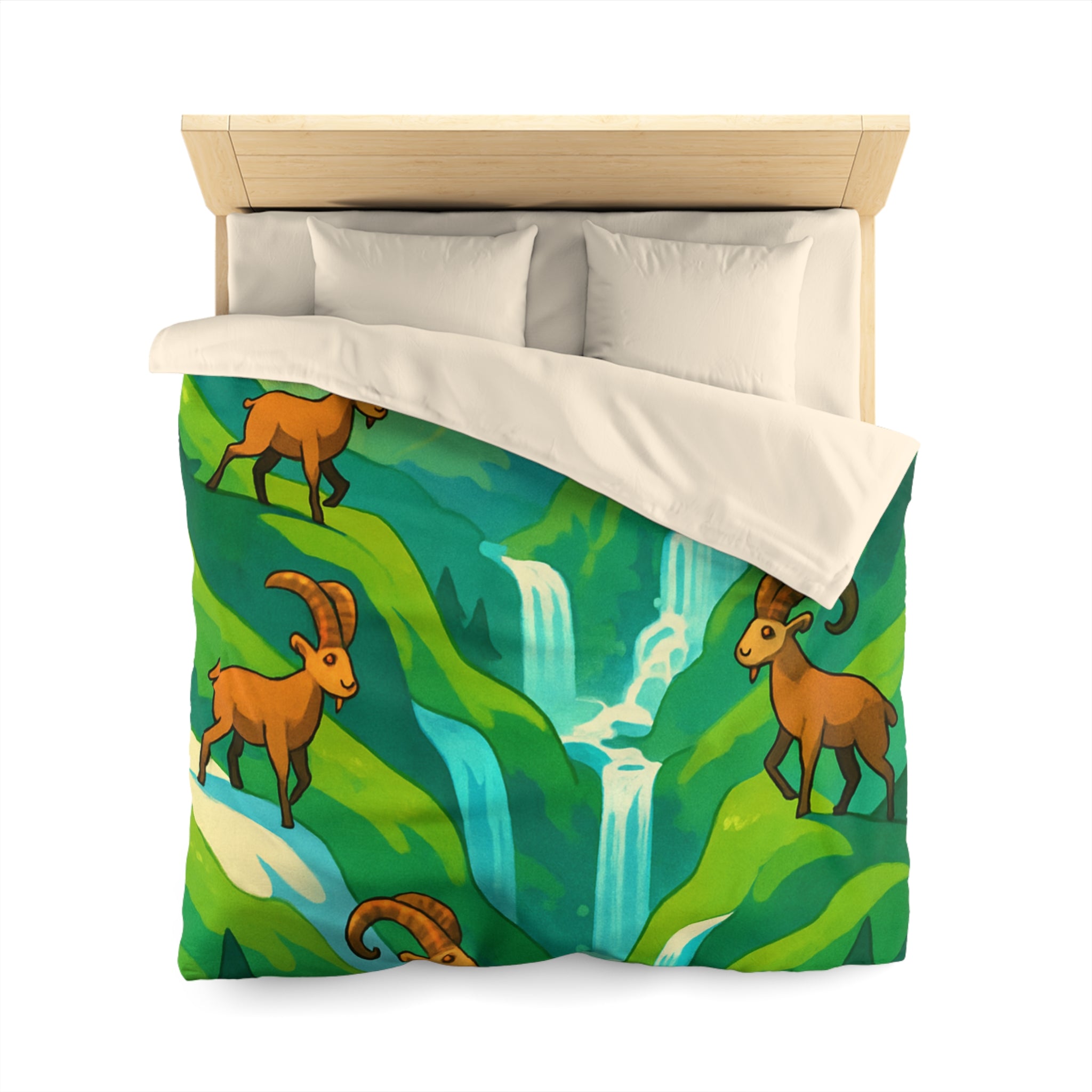 Housse de couette montagneuse avec bouquetins et cascades pour chambre paisible