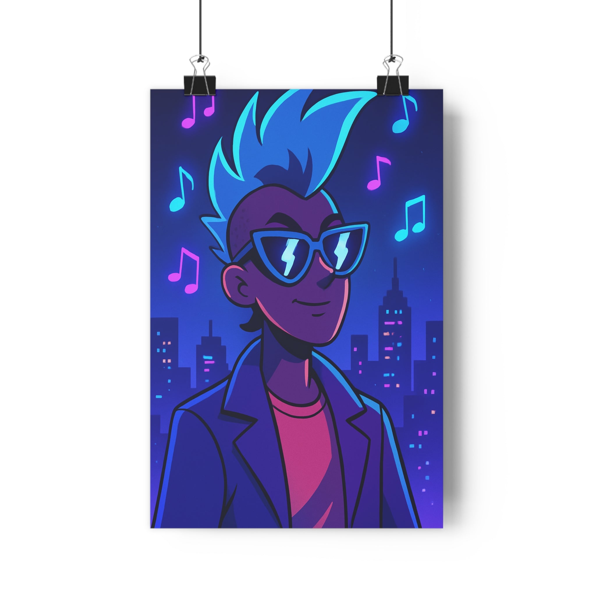 Poster décoratif urbain bleu moderne vibrant chevelure stylisée éclatante musique ambiance chambre salon notes