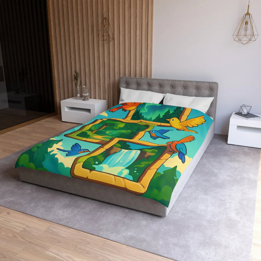 Housse de couette colorée avec oiseaux et scènes de nature paisible et dynamique